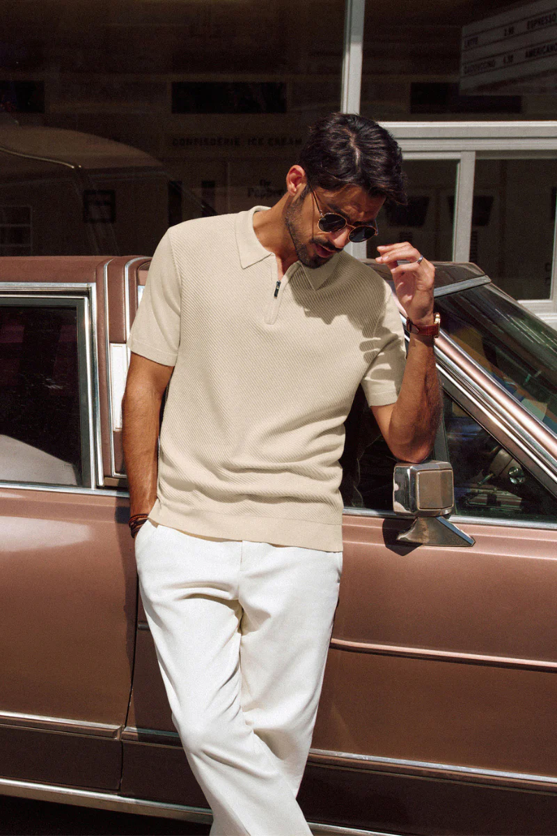 Men Textured Knitted Polo-Shirt Short Sleeve Lapel Collar Zip-up Neck Tops - Image 15