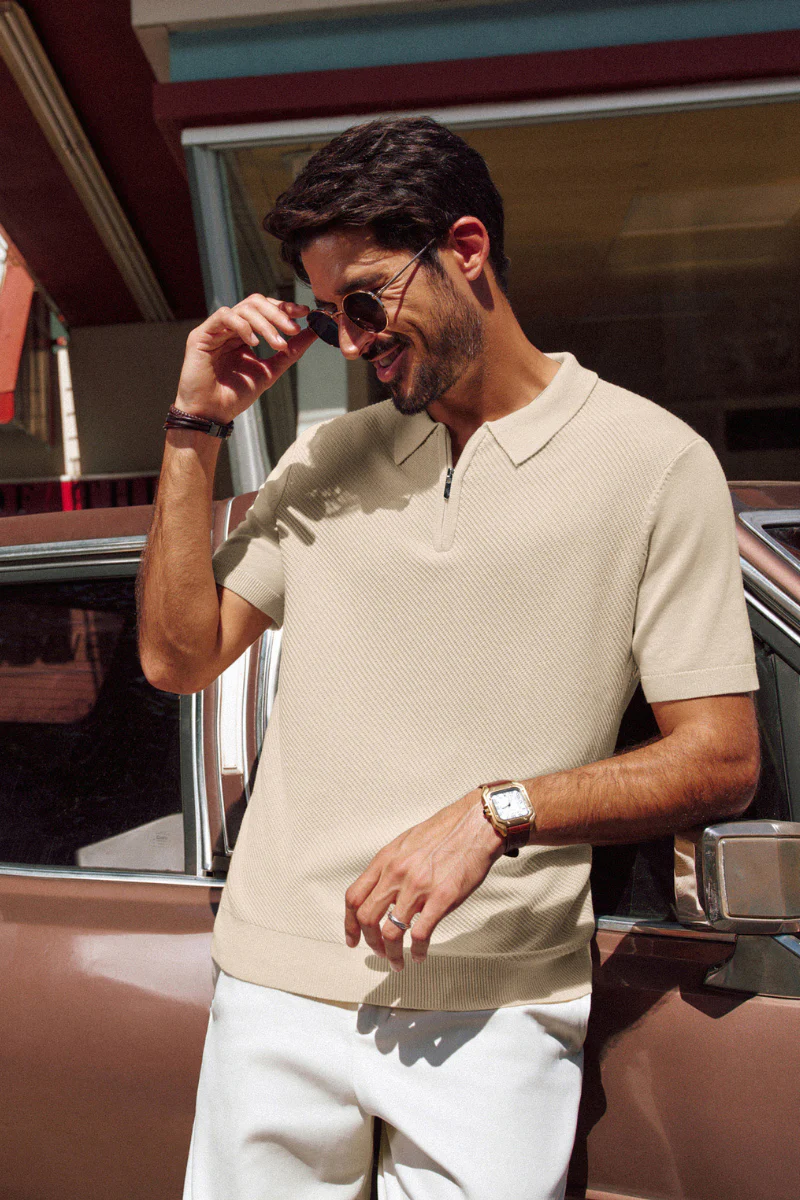 Men Textured Knitted Polo-Shirt Short Sleeve Lapel Collar Zip-up Neck Tops - Image 16