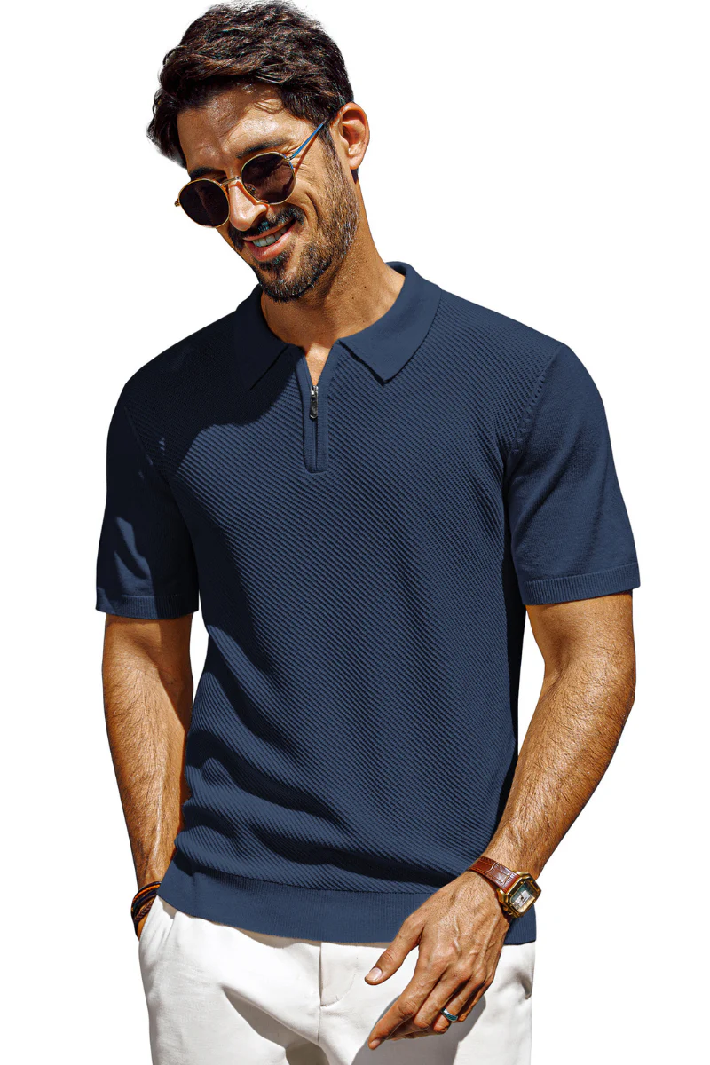 Men Textured Knitted Polo-Shirt Short Sleeve Lapel Collar Zip-up Neck Tops - Image 18
