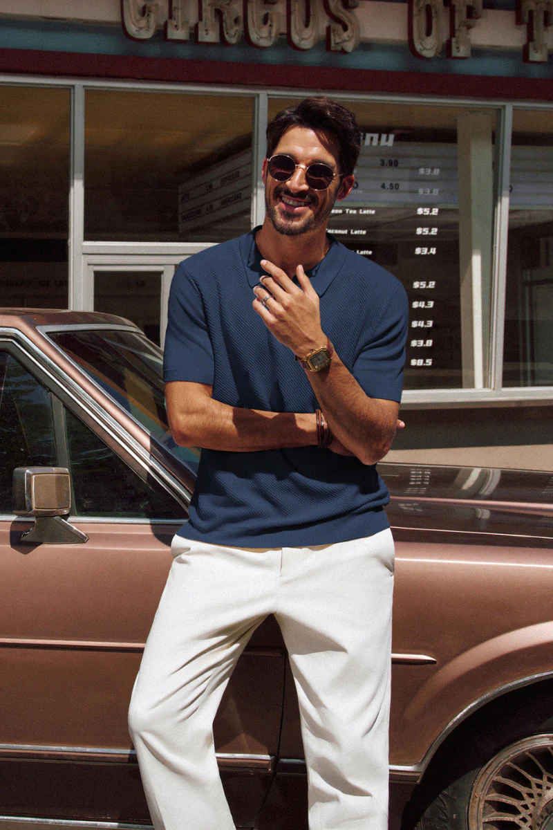 Men Textured Knitted Polo-Shirt Short Sleeve Lapel Collar Zip-up Neck Tops - Image 19