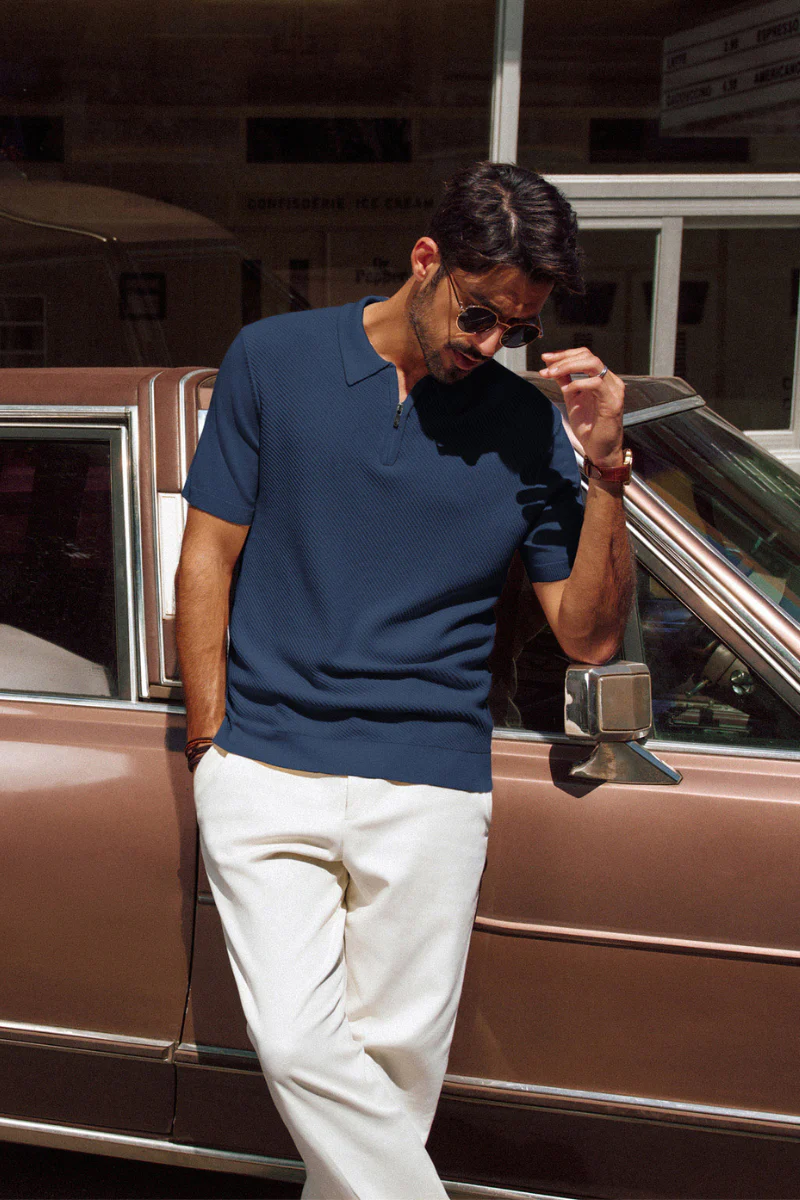 Men Textured Knitted Polo-Shirt Short Sleeve Lapel Collar Zip-up Neck Tops - Image 20
