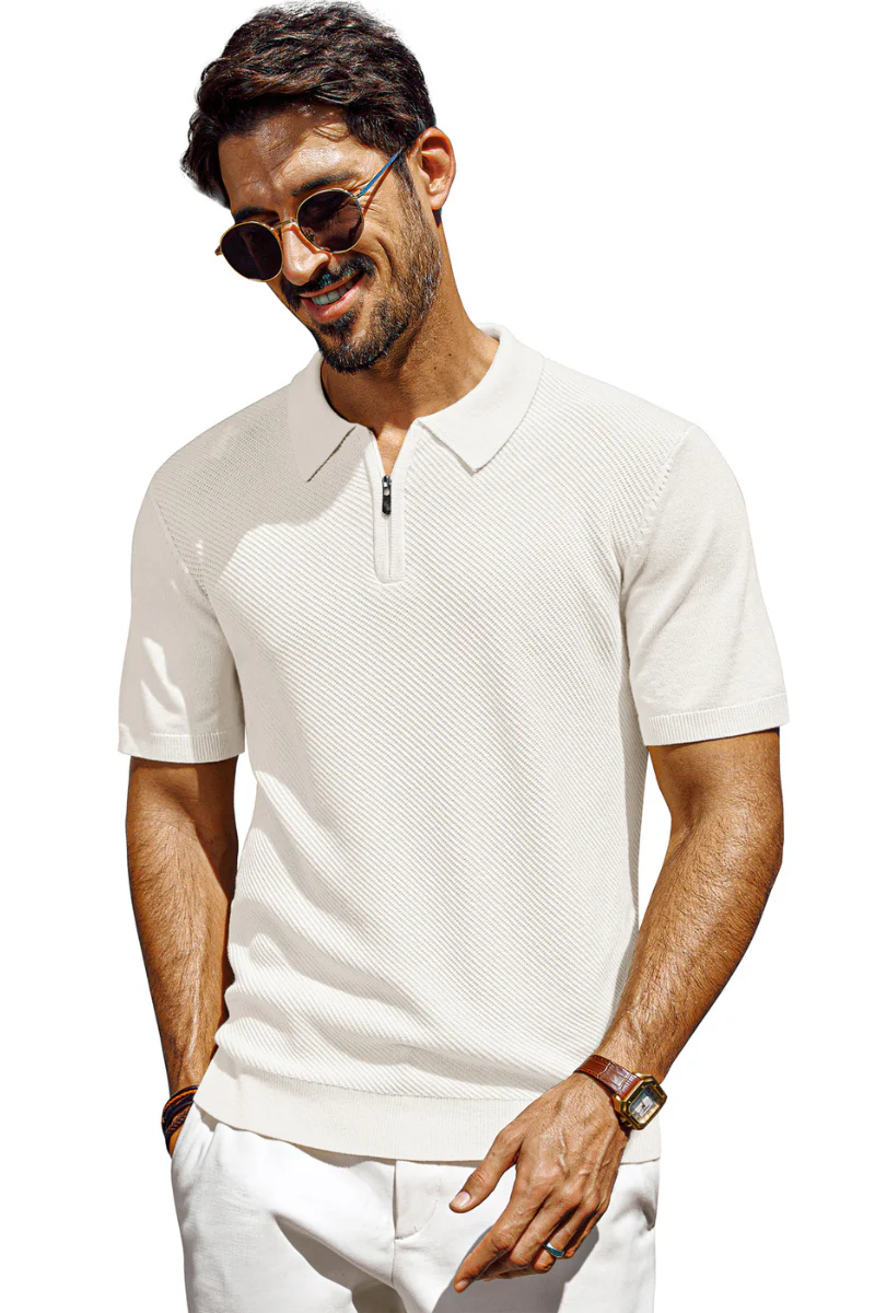 Men Textured Knitted Polo-Shirt Short Sleeve Lapel Collar Zip-up Neck Tops - Image 3