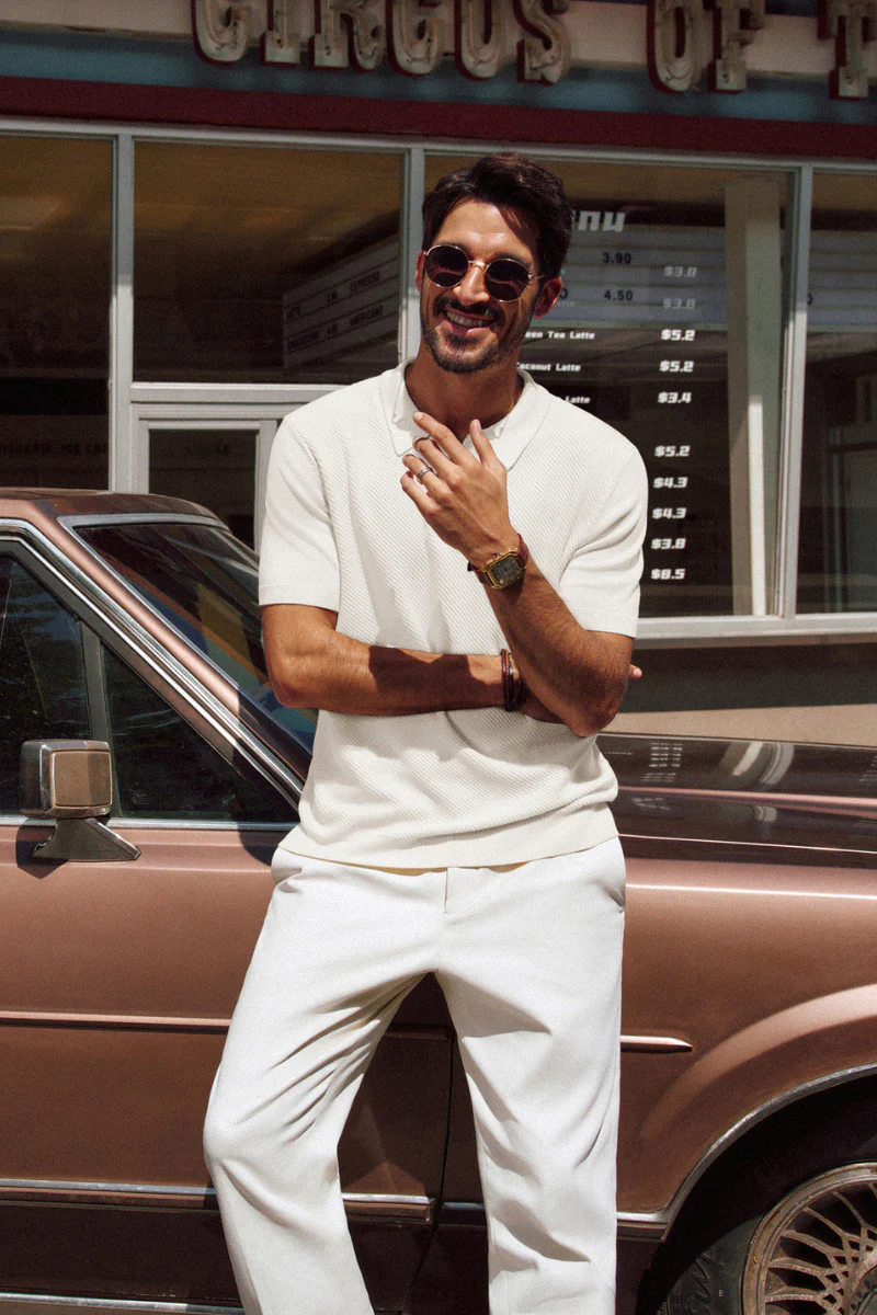 Men Textured Knitted Polo-Shirt Short Sleeve Lapel Collar Zip-up Neck Tops - Image 4