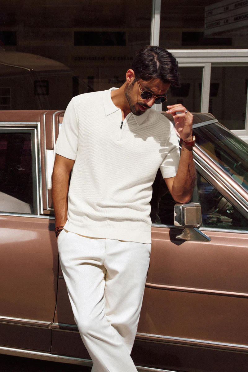 Men Textured Knitted Polo-Shirt Short Sleeve Lapel Collar Zip-up Neck Tops - Image 5