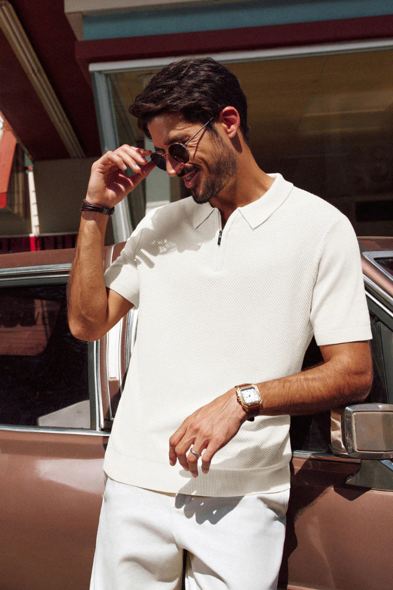 Men Textured Knitted Polo-Shirt Short Sleeve Lapel Collar Zip-up Neck Tops - Image 6