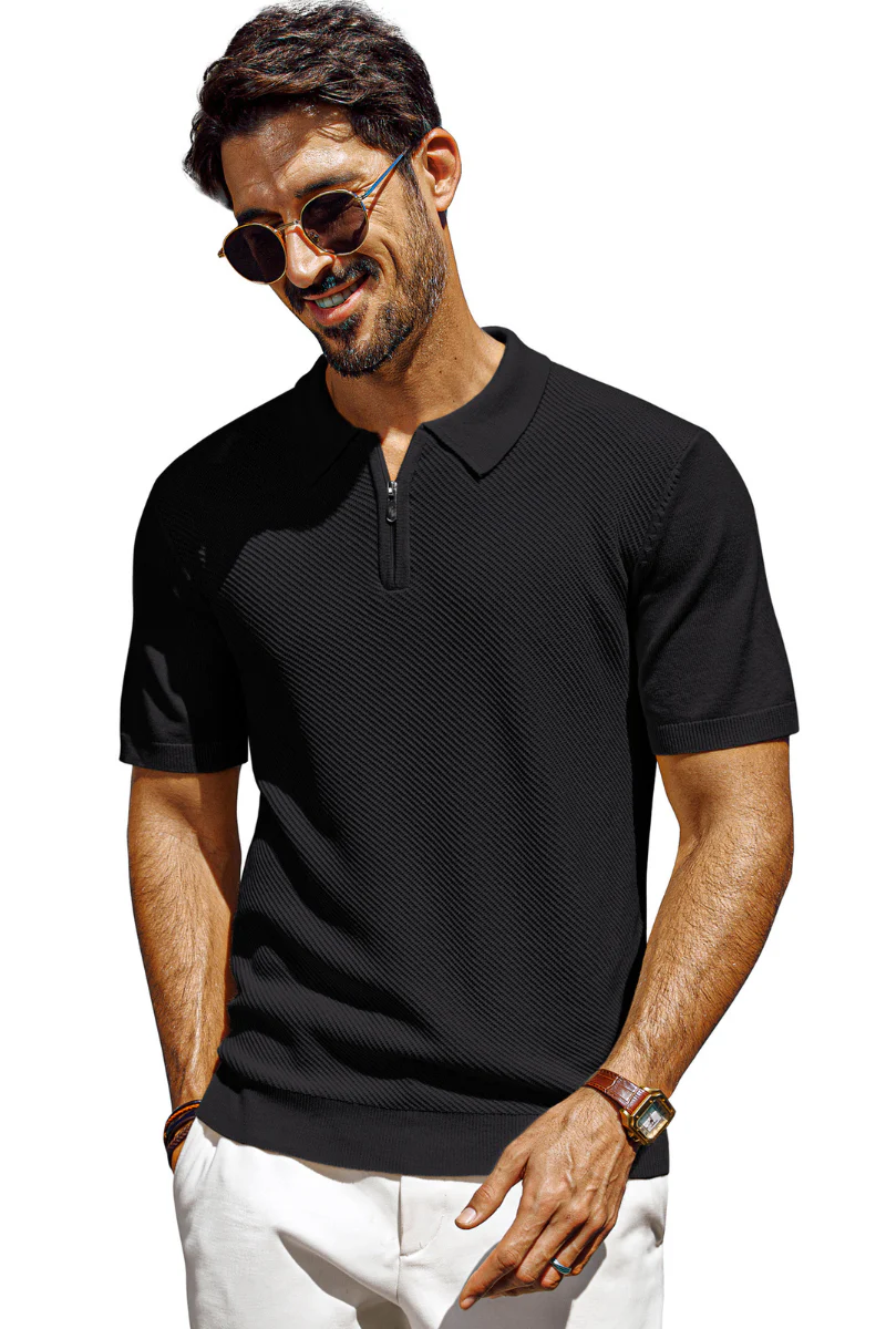 Men Textured Knitted Polo-Shirt Short Sleeve Lapel Collar Zip-up Neck Tops - Image 8