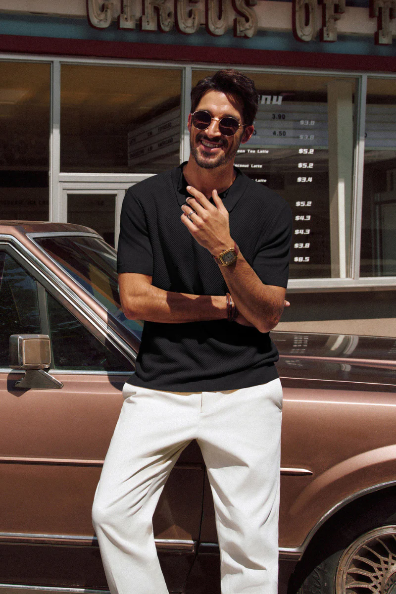 Men Textured Knitted Polo-Shirt Short Sleeve Lapel Collar Zip-up Neck Tops - Image 9