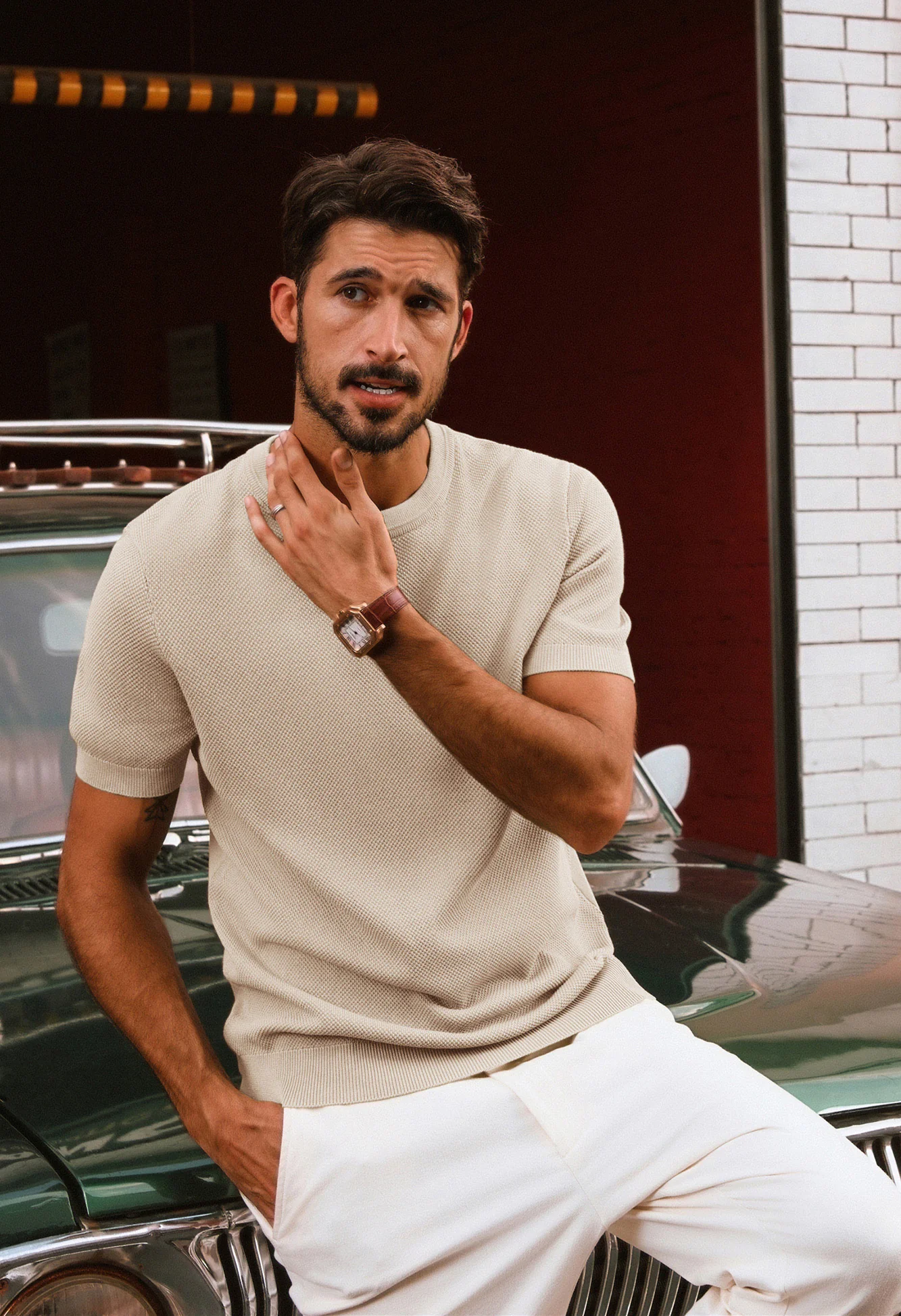 Men Textured Knitted T-Shirt Short Sleeve Crew Neck Ribbed Cuff Tops Knitwear - Image 14