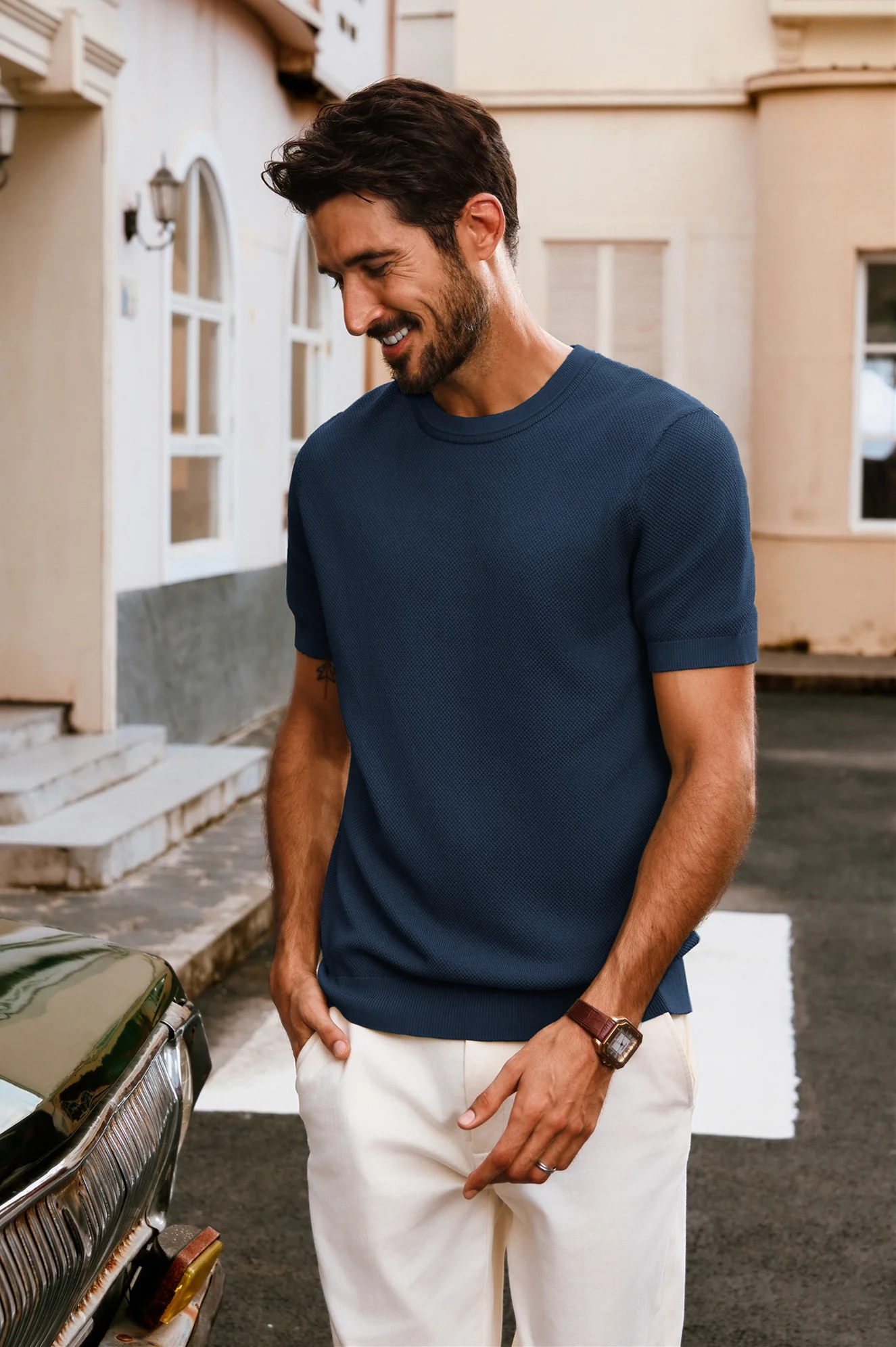 Men Textured Knitted T-Shirt Short Sleeve Crew Neck Ribbed Cuff Tops Knitwear - Image 20