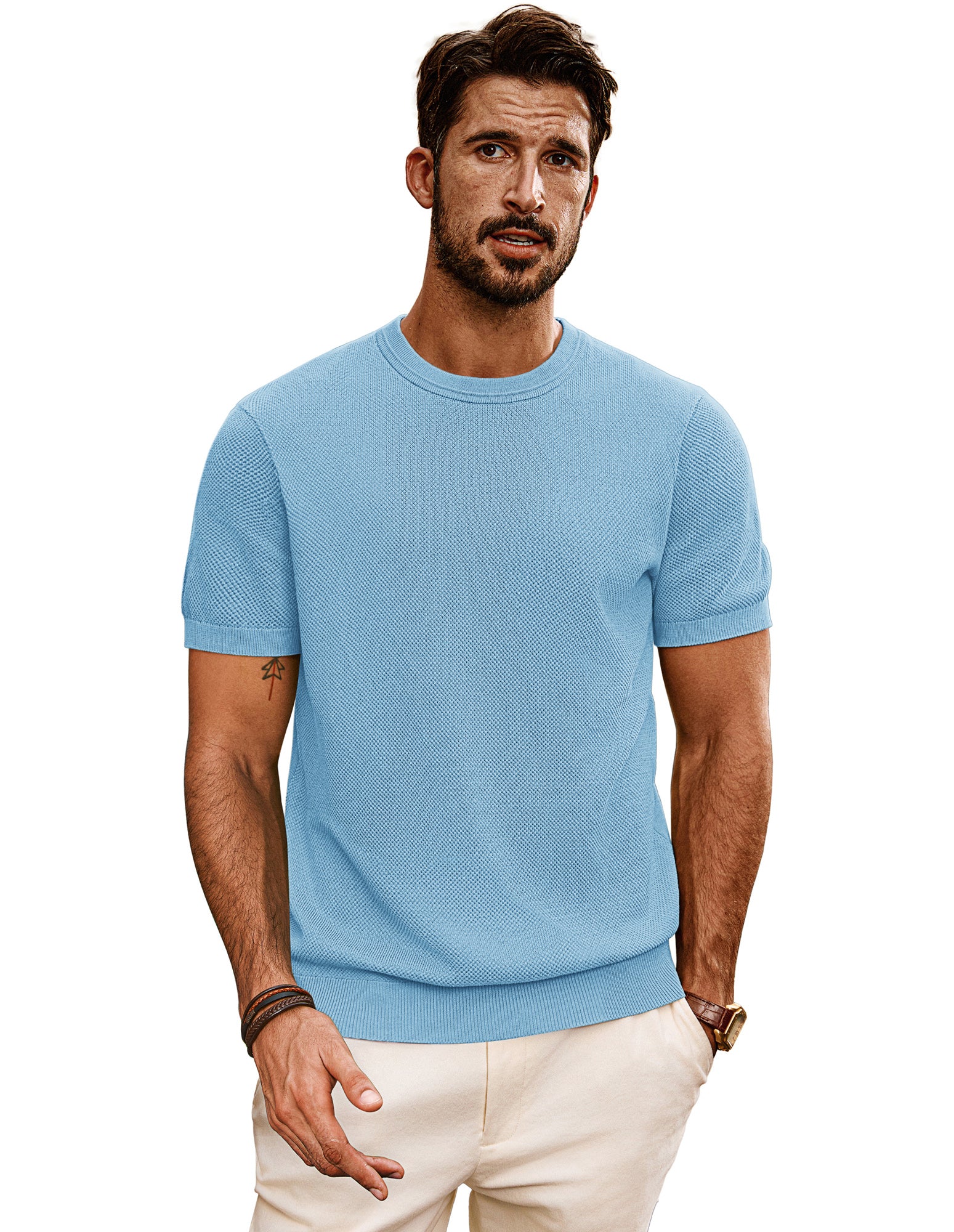 Men Textured Knitted T-Shirt Short Sleeve Crew Neck Ribbed Cuff Tops Knitwear - Image 21