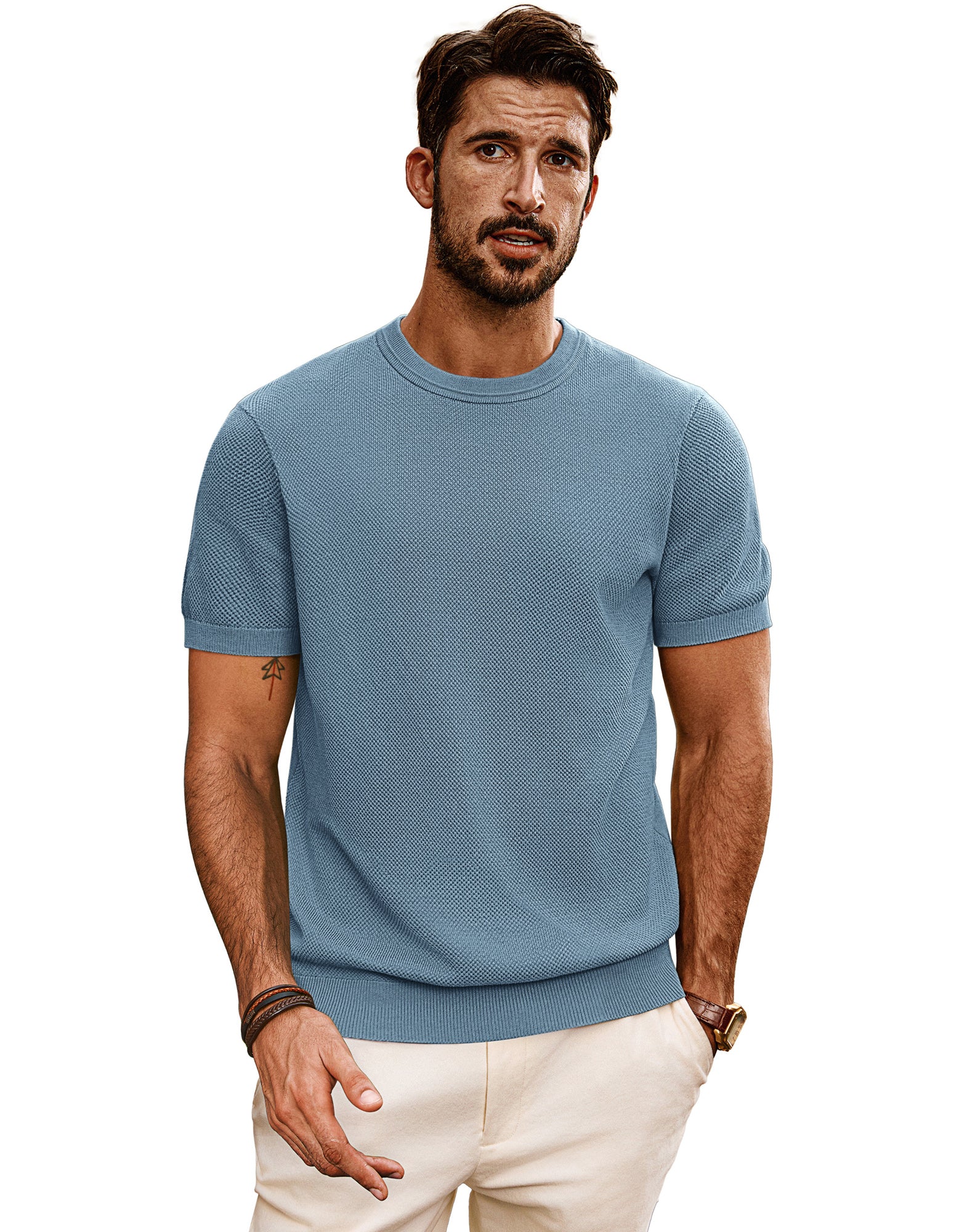 Men Textured Knitted T-Shirt Short Sleeve Crew Neck Ribbed Cuff Tops Knitwear - Image 26