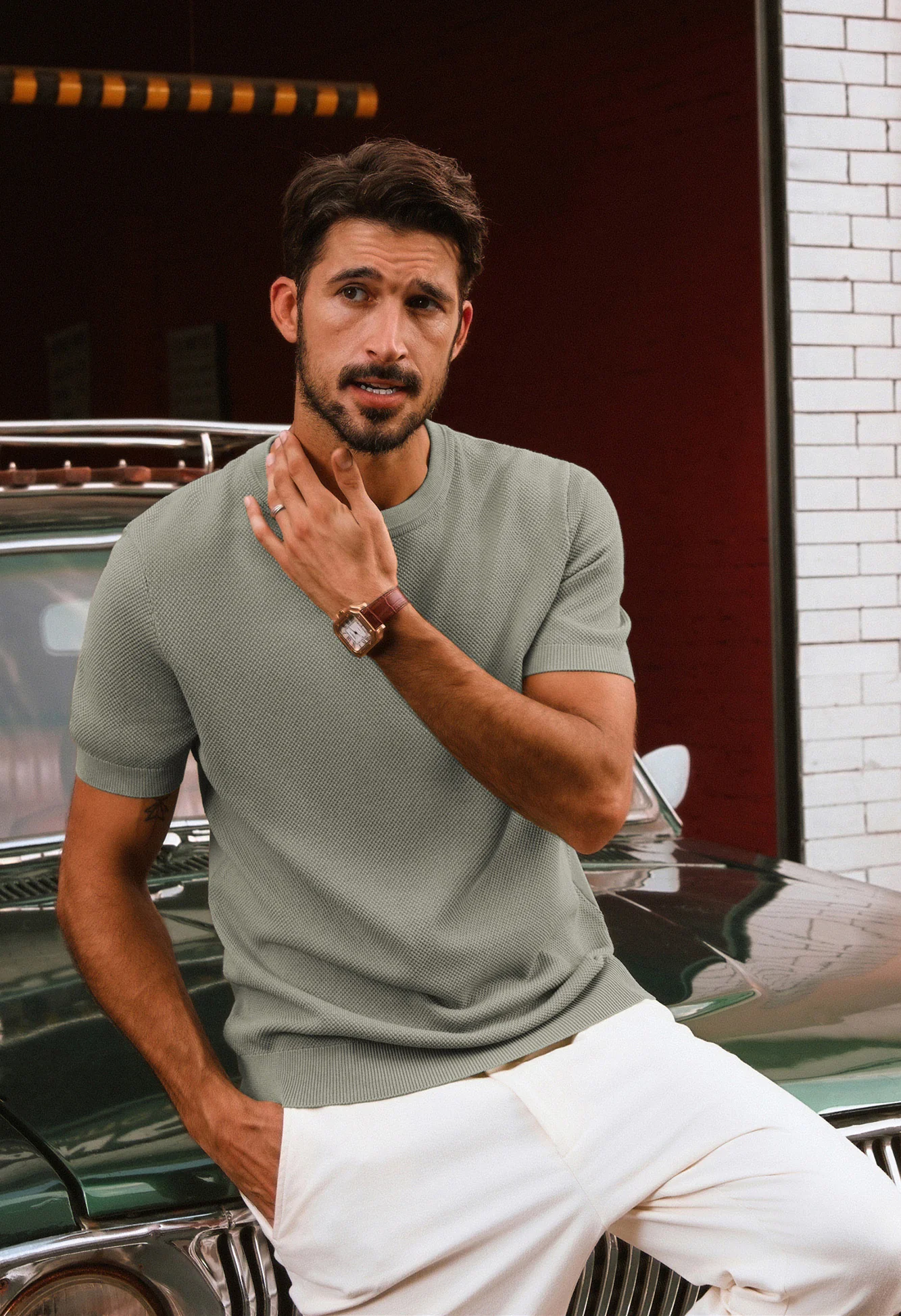 Men Textured Knitted T-Shirt Short Sleeve Crew Neck Ribbed Cuff Tops Knitwear - Image 34