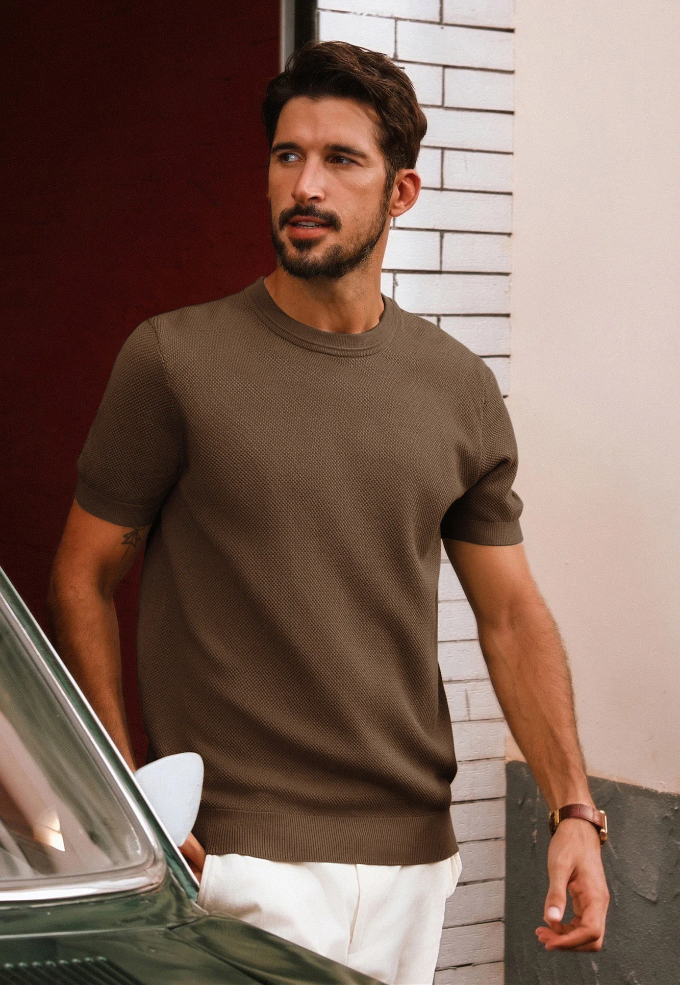 Men Textured Knitted T-Shirt Short Sleeve Crew Neck Ribbed Cuff Tops Knitwear - Image 37