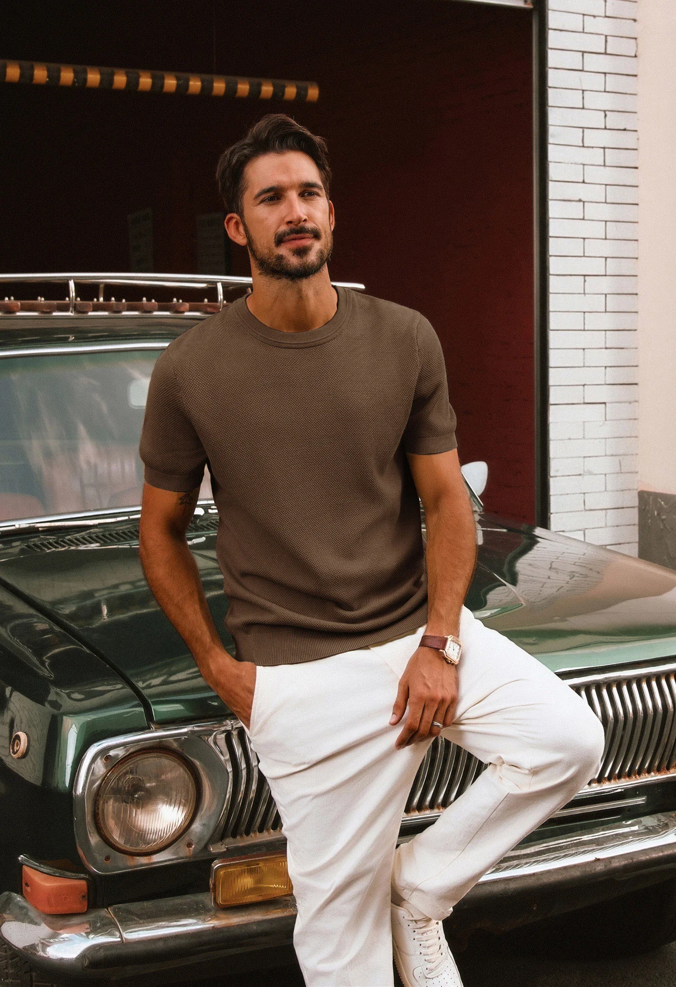 Men Textured Knitted T-Shirt Short Sleeve Crew Neck Ribbed Cuff Tops Knitwear - Image 38
