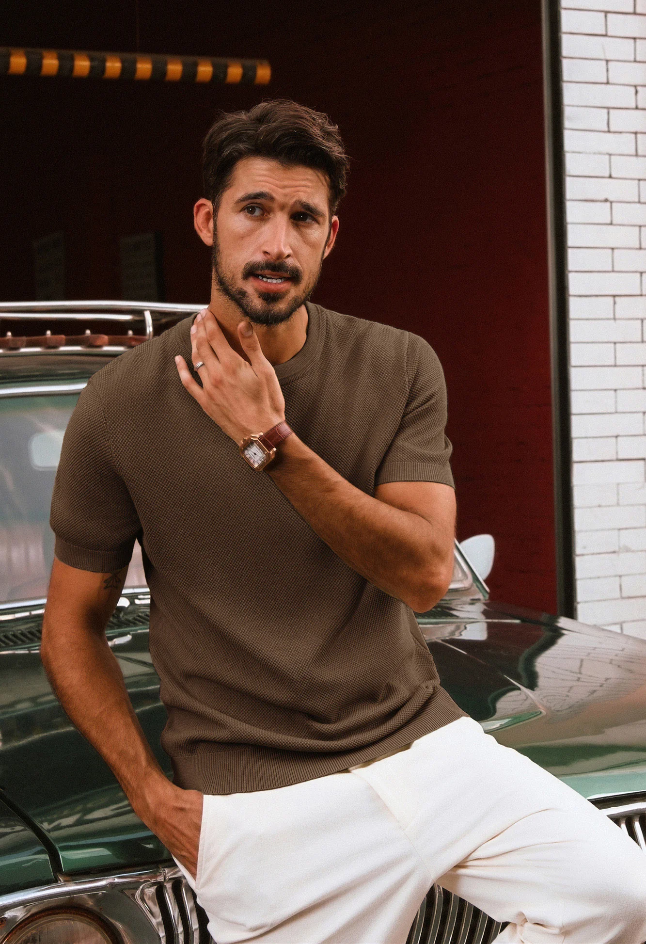 Men Textured Knitted T-Shirt Short Sleeve Crew Neck Ribbed Cuff Tops Knitwear - Image 39