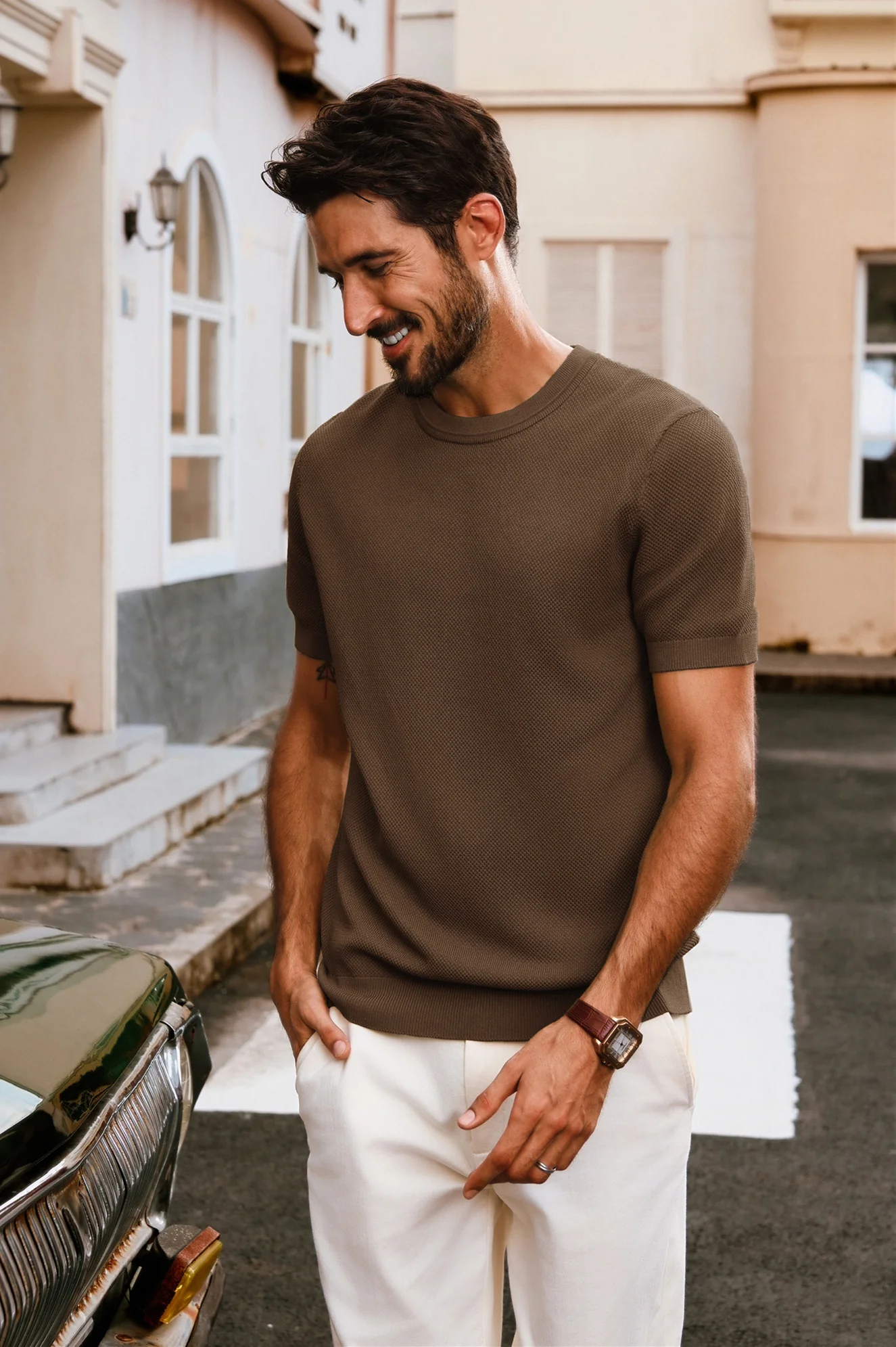 Men Textured Knitted T-Shirt Short Sleeve Crew Neck Ribbed Cuff Tops Knitwear - Image 40