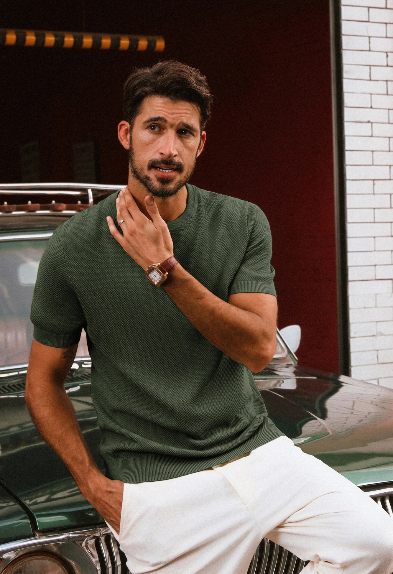 Men Textured Knitted T-Shirt Short Sleeve Crew Neck Ribbed Cuff Tops Knitwear - Image 44