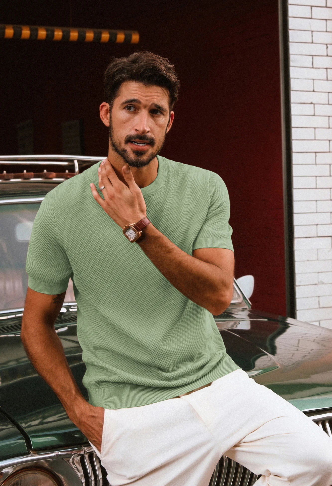 Men Textured Knitted T-Shirt Short Sleeve Crew Neck Ribbed Cuff Tops Knitwear - Image 49