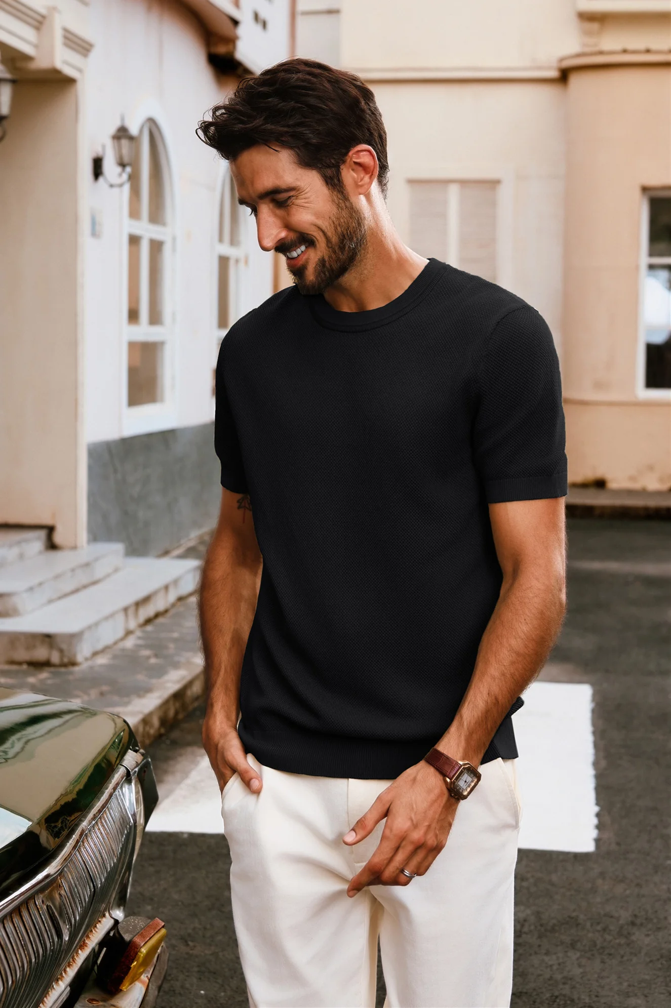 Men Textured Knitted T-Shirt Short Sleeve Crew Neck Ribbed Cuff Tops Knitwear - Image 6