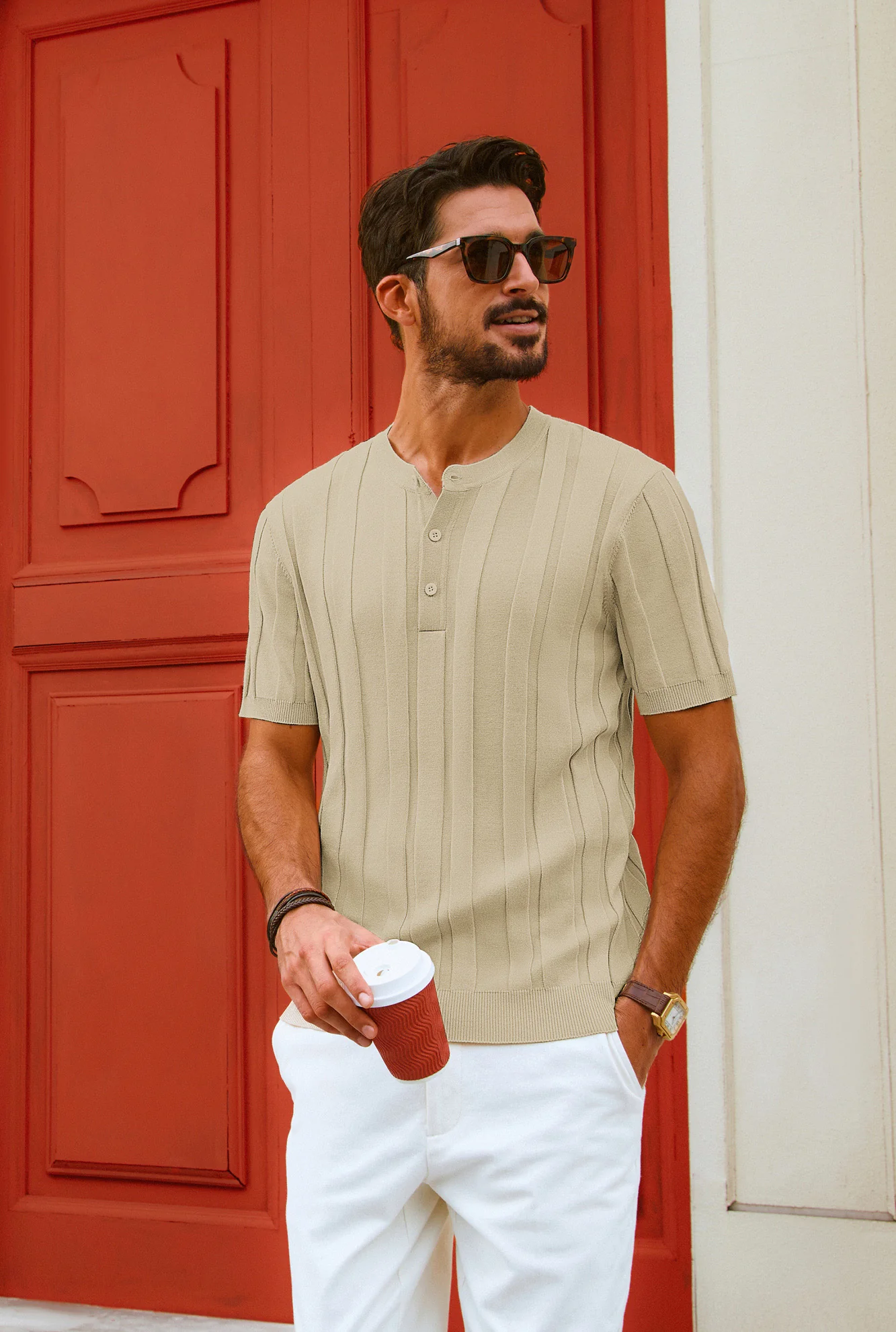 Men Textured Knitted T-Shirt Short Sleeve Henley Neck Knitwear Tops - Image 14