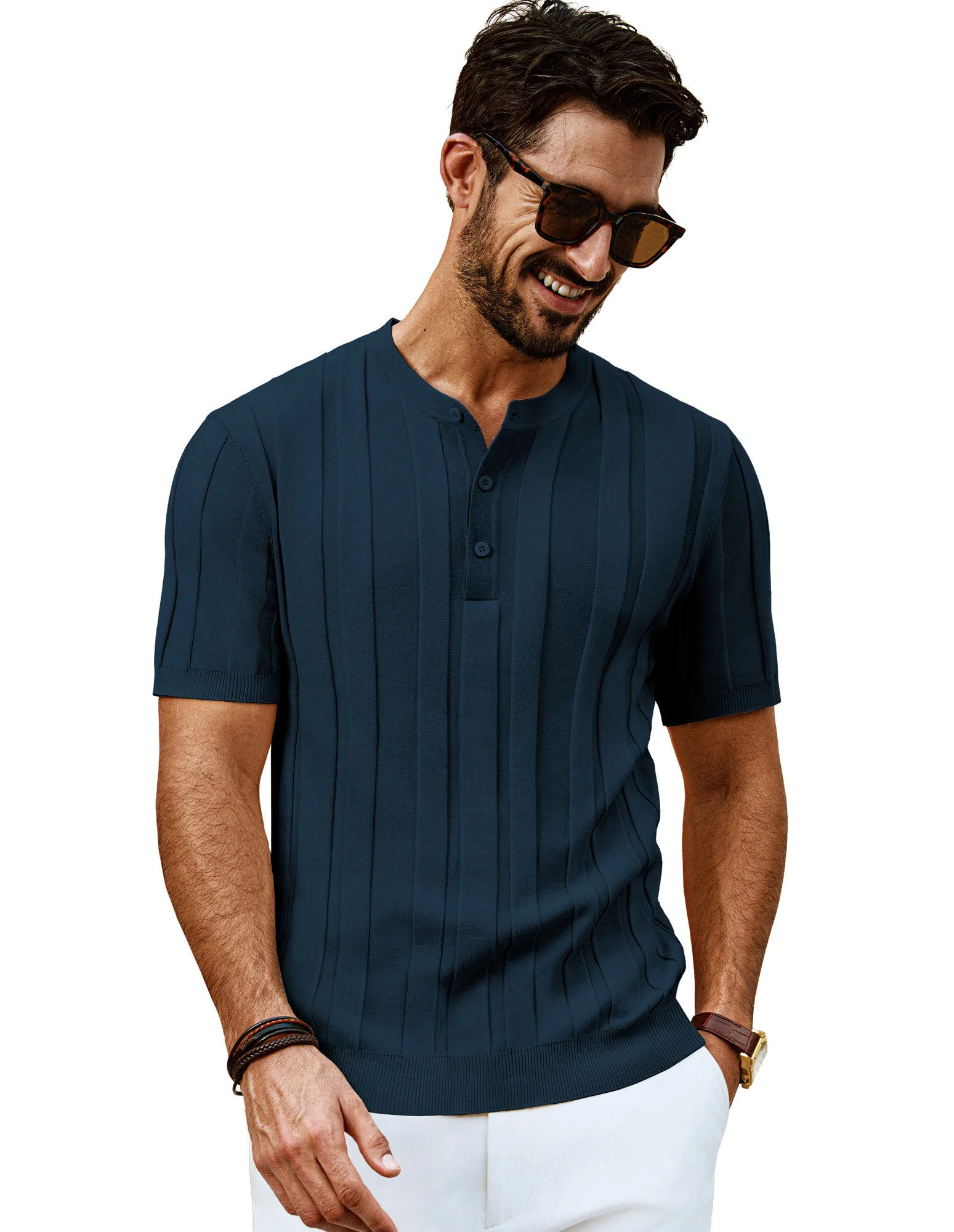 Men Textured Knitted T-Shirt Short Sleeve Henley Neck Knitwear Tops - Image 16