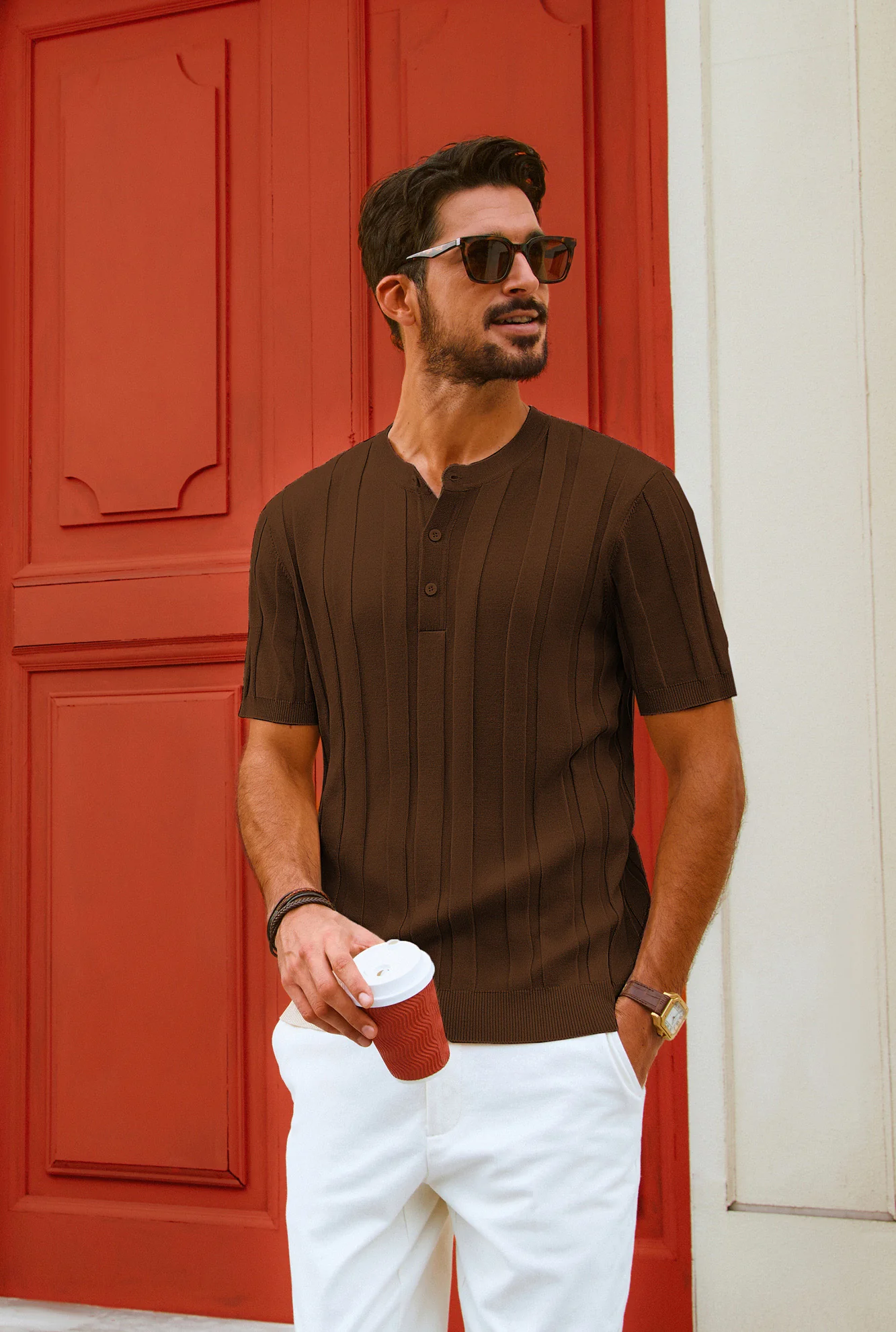 Men Textured Knitted T-Shirt Short Sleeve Henley Neck Knitwear Tops - Image 24
