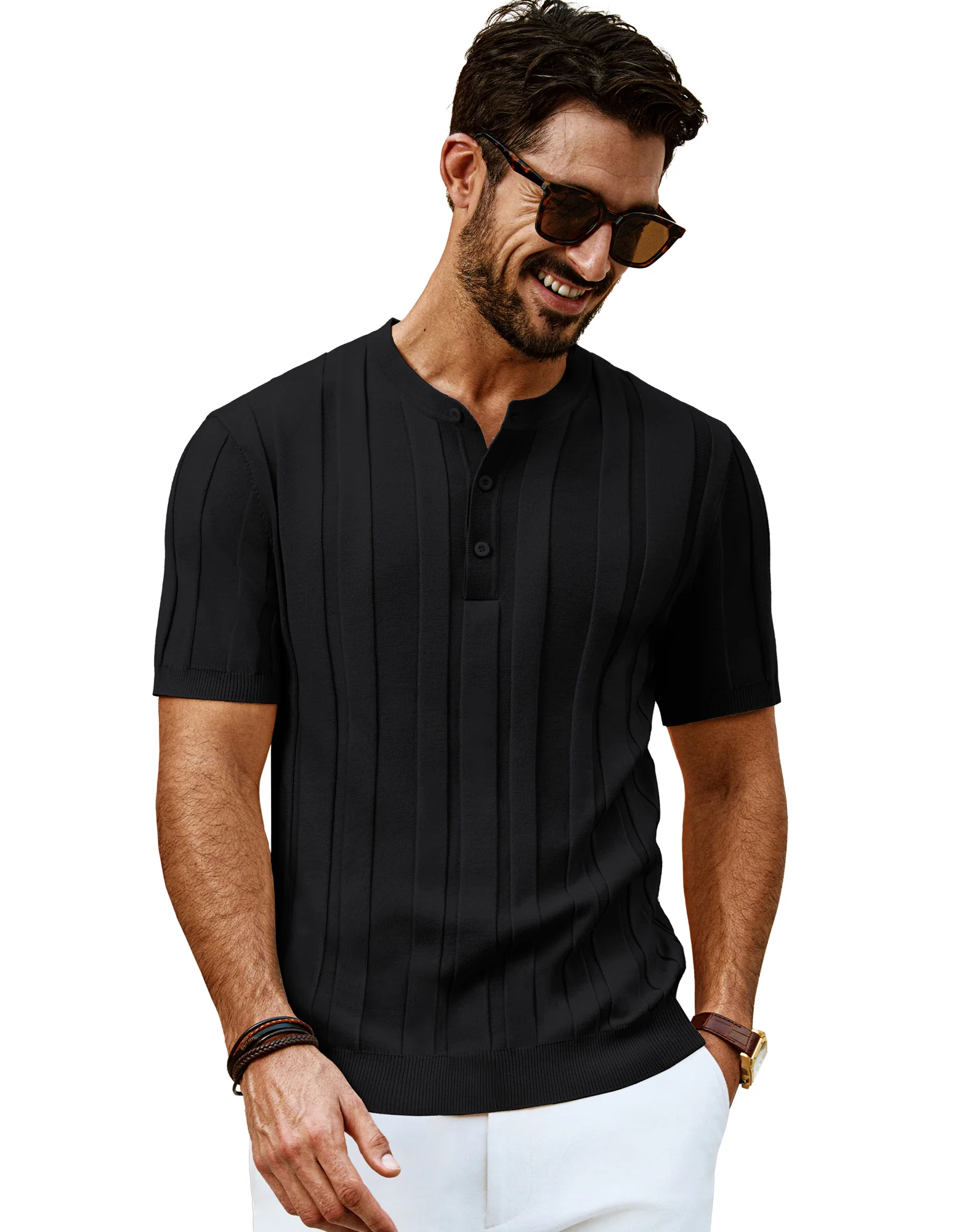 Men Textured Knitted T-Shirt Short Sleeve Henley Neck Knitwear Tops - Image 3