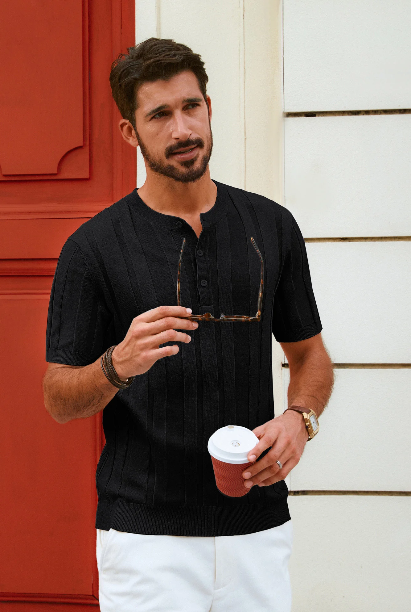 Men Textured Knitted T-Shirt Short Sleeve Henley Neck Knitwear Tops - Image 6