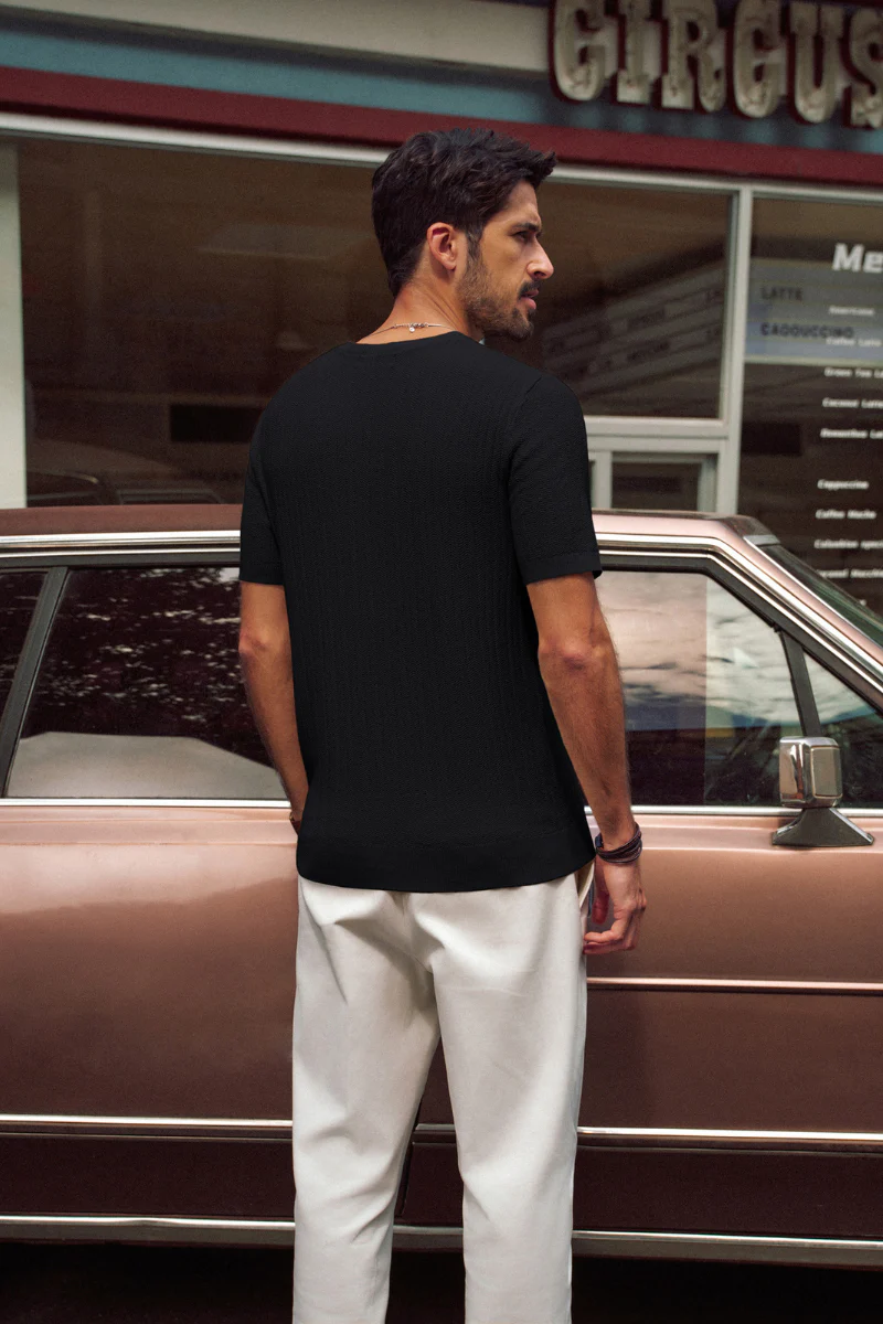 Men Textured Knitted T-Shirt Short Sleeve V-Neck Knitwear Sweater Tops - Image 10