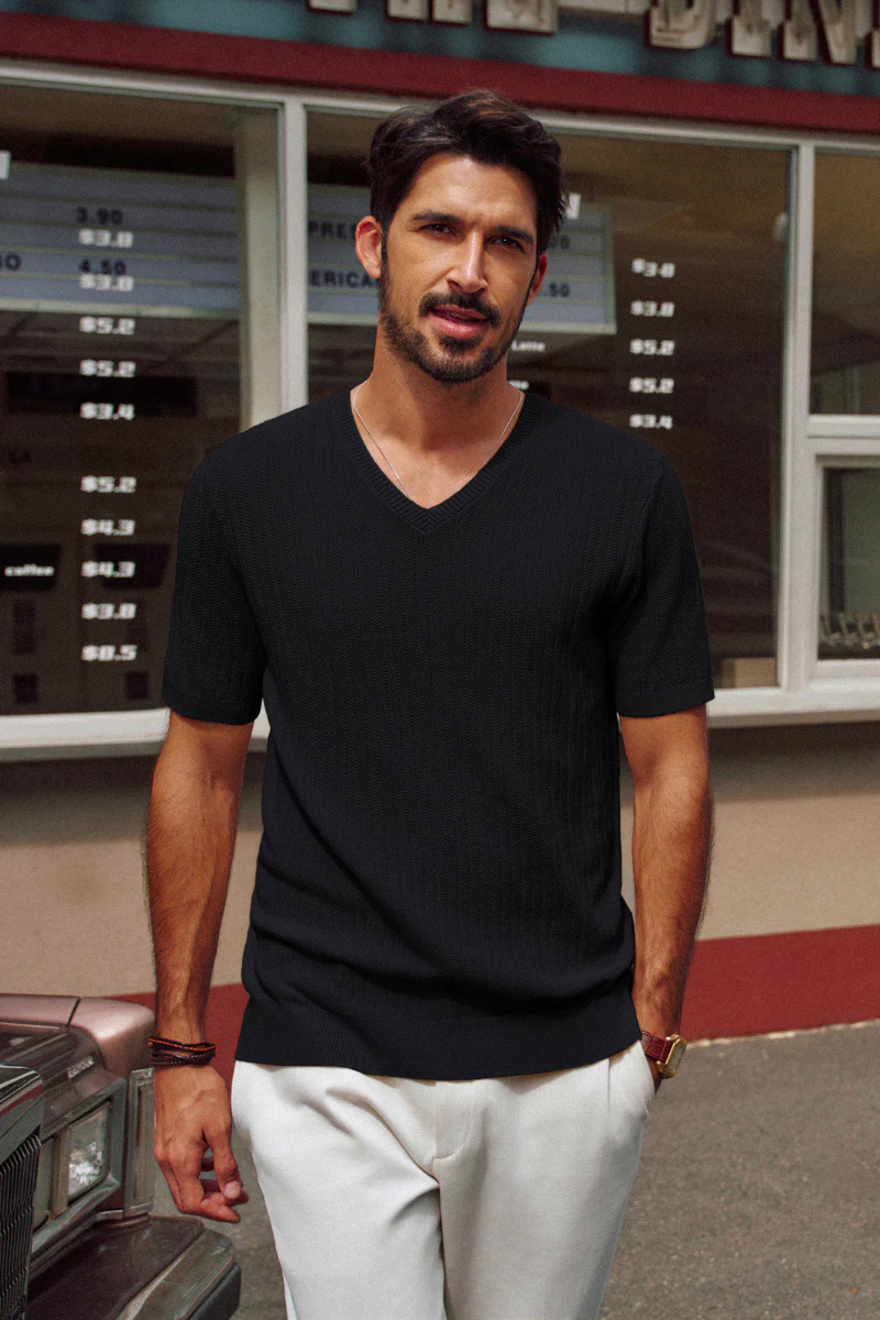 Men Textured Knitted T-Shirt Short Sleeve V-Neck Knitwear Sweater Tops - Image 11