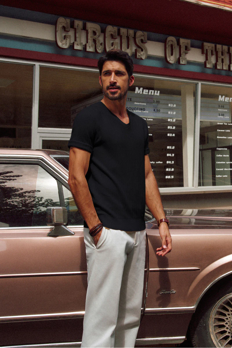 Men Textured Knitted T-Shirt Short Sleeve V-Neck Knitwear Sweater Tops - Image 12