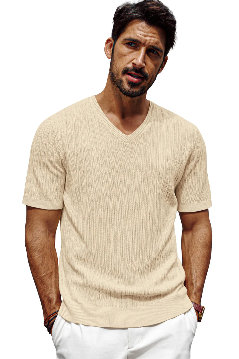 Men Textured Knitted T-Shirt Short Sleeve V-Neck Knitwear Sweater Tops - Image 13