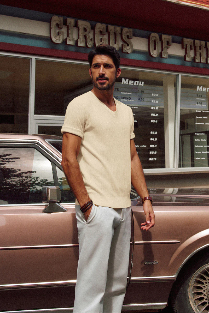Men Textured Knitted T-Shirt Short Sleeve V-Neck Knitwear Sweater Tops - Image 15