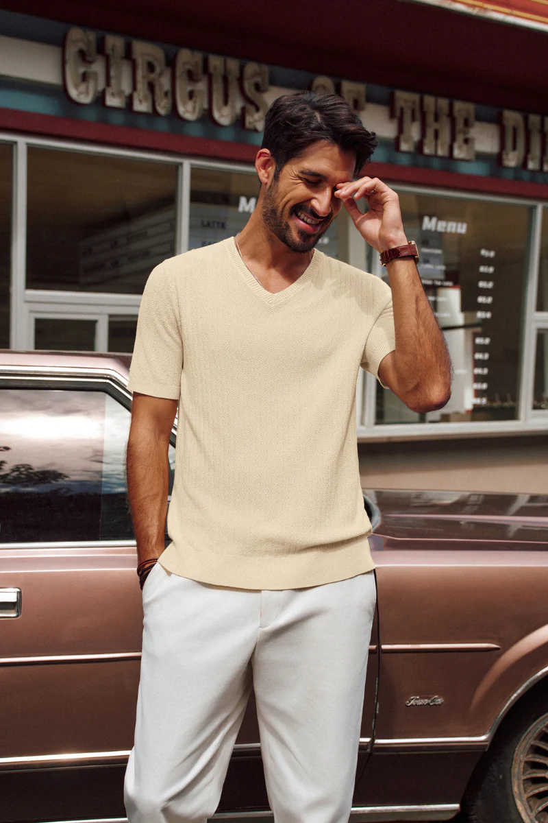 Men Textured Knitted T-Shirt Short Sleeve V-Neck Knitwear Sweater Tops - Image 16
