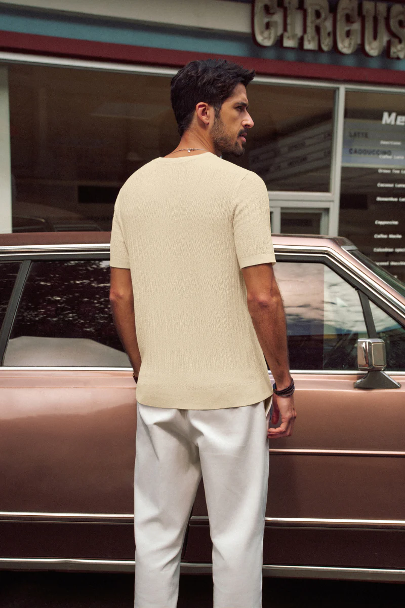 Men Textured Knitted T-Shirt Short Sleeve V-Neck Knitwear Sweater Tops - Image 17