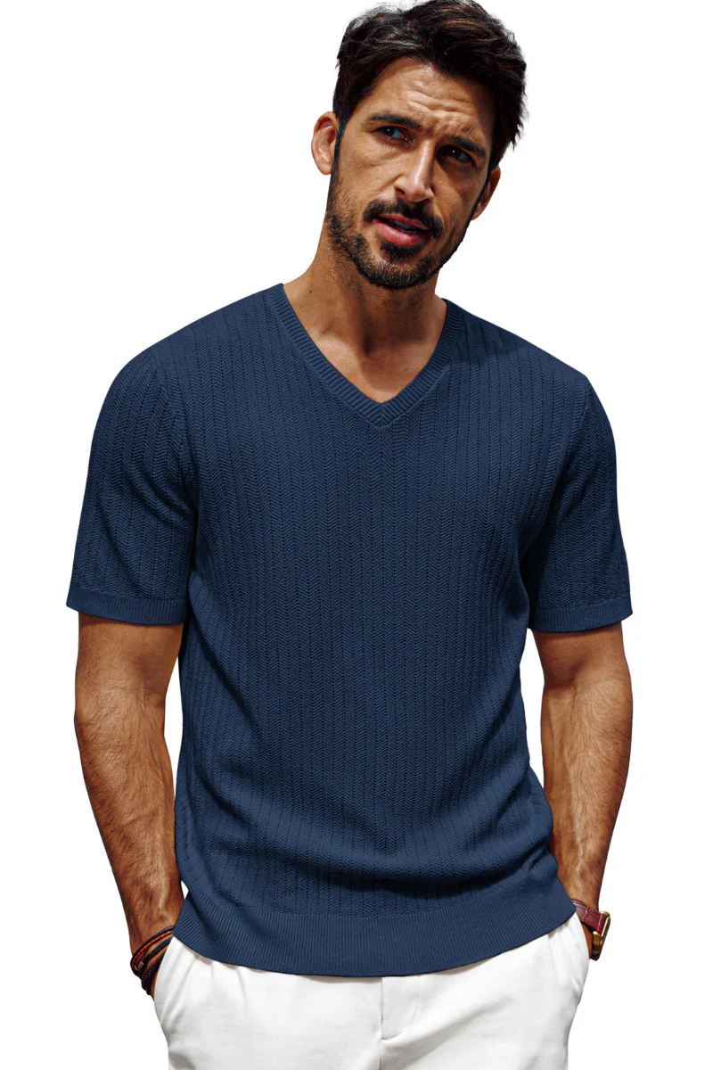 Men Textured Knitted T-Shirt Short Sleeve V-Neck Knitwear Sweater Tops - Image 18