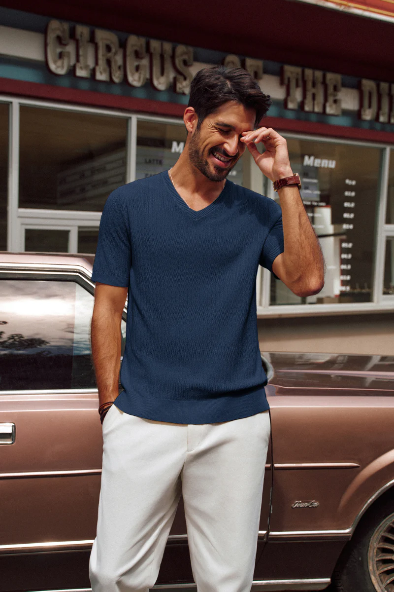 Men Textured Knitted T-Shirt Short Sleeve V-Neck Knitwear Sweater Tops - Image 19