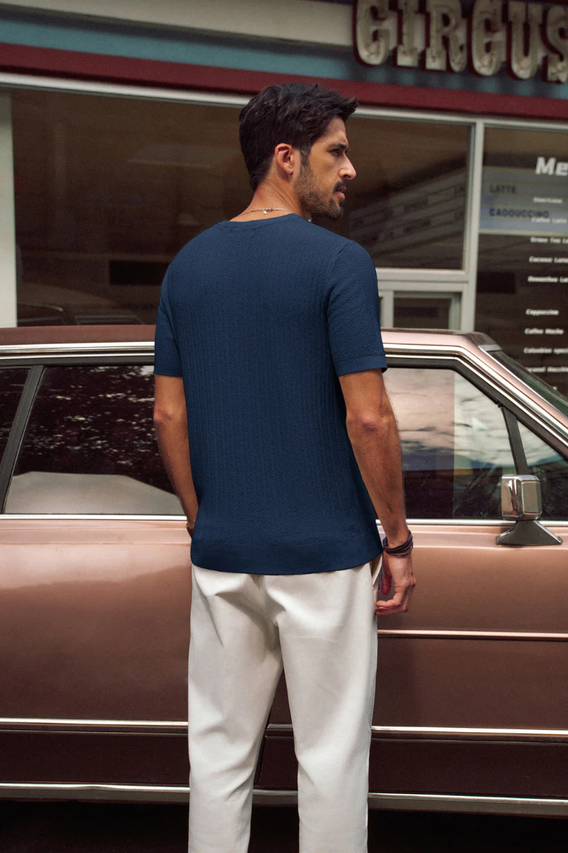 Men Textured Knitted T-Shirt Short Sleeve V-Neck Knitwear Sweater Tops - Image 20