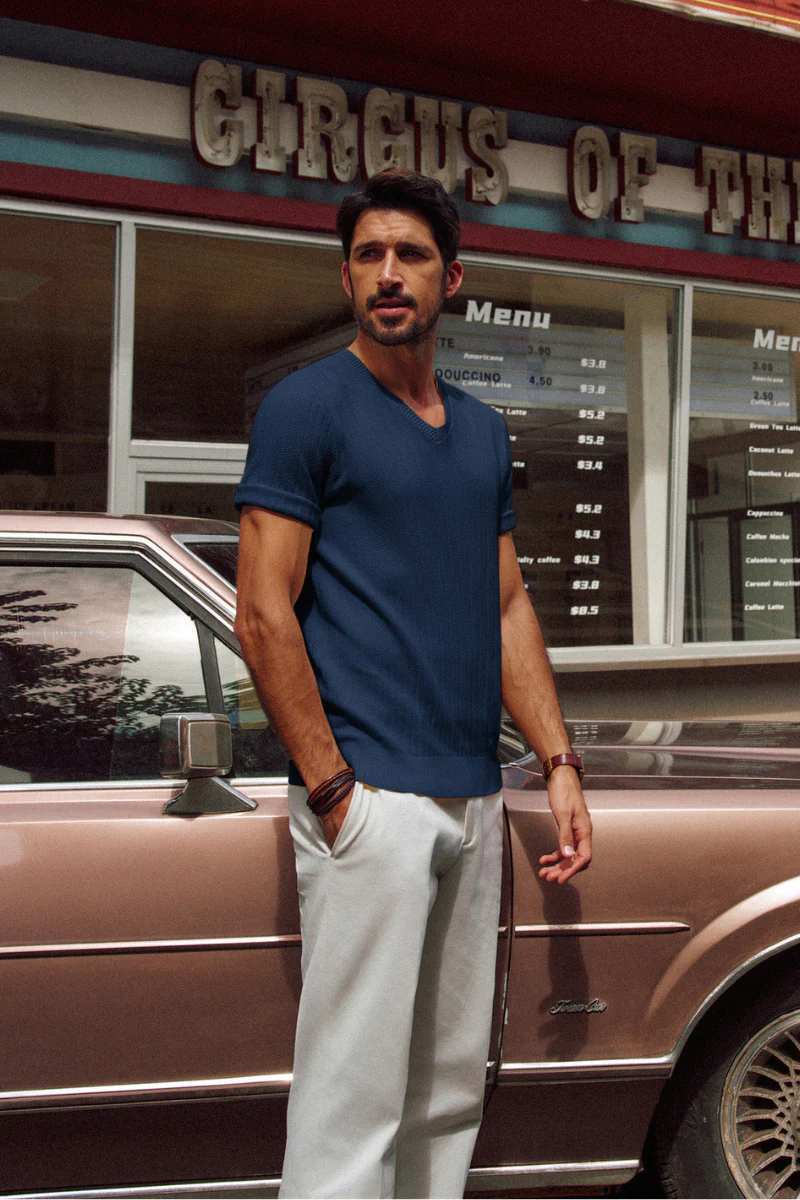 Men Textured Knitted T-Shirt Short Sleeve V-Neck Knitwear Sweater Tops - Image 22