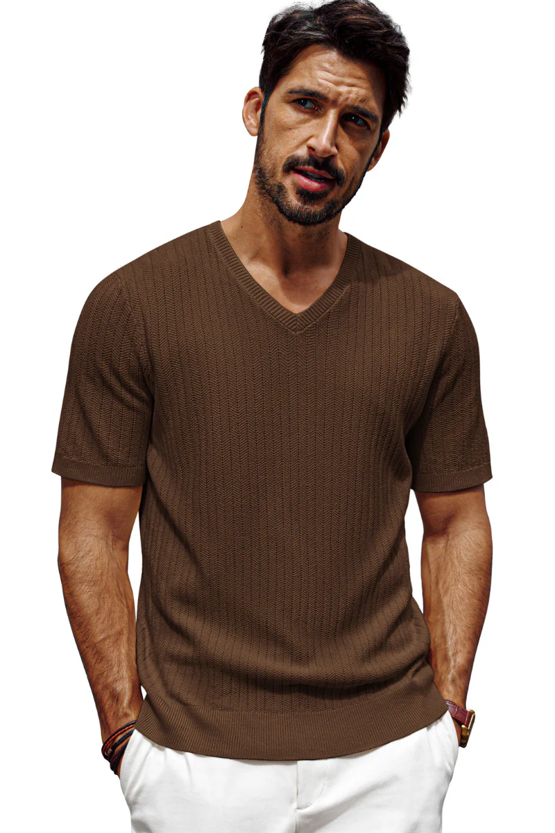 Men Textured Knitted T-Shirt Short Sleeve V-Neck Knitwear Sweater Tops - Image 23