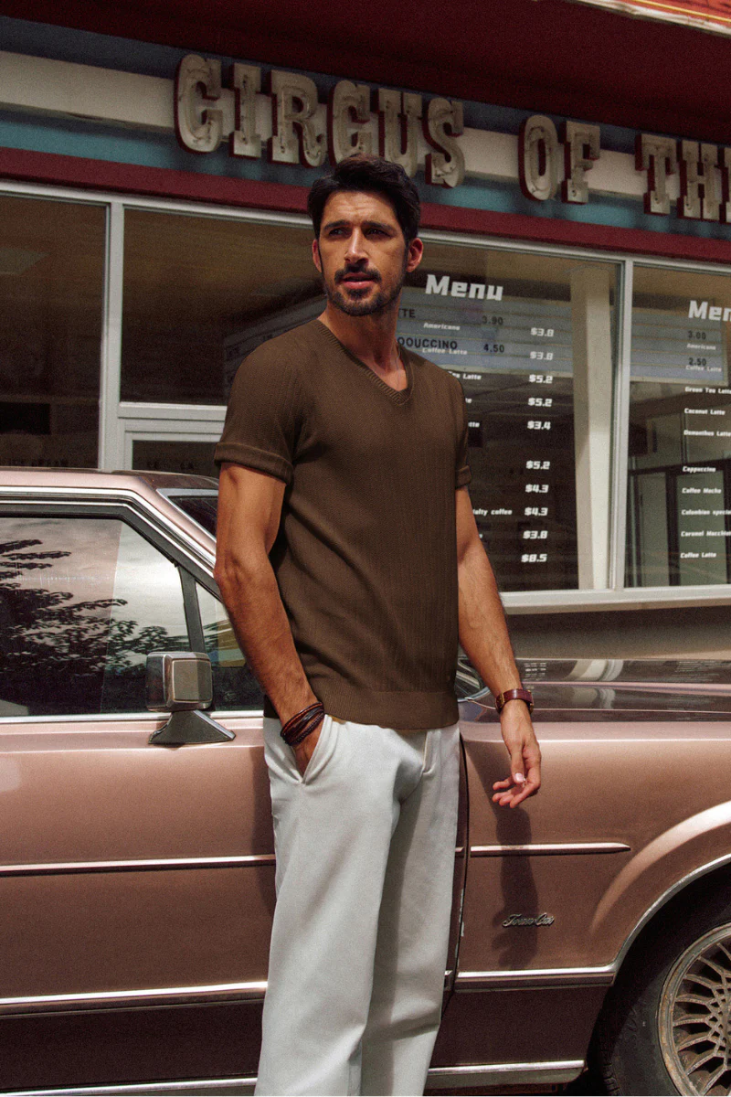 Men Textured Knitted T-Shirt Short Sleeve V-Neck Knitwear Sweater Tops - Image 25
