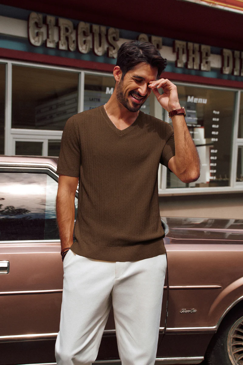 Men Textured Knitted T-Shirt Short Sleeve V-Neck Knitwear Sweater Tops - Image 26