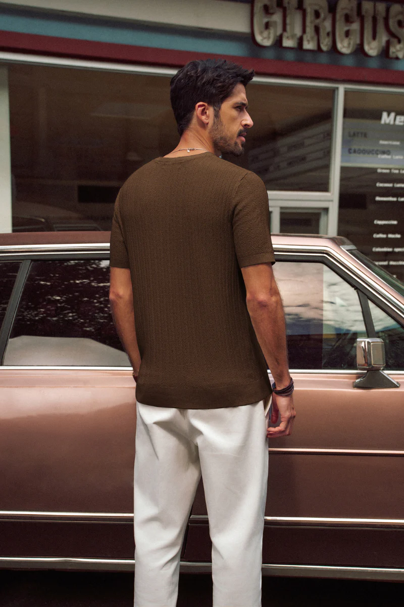 Men Textured Knitted T-Shirt Short Sleeve V-Neck Knitwear Sweater Tops - Image 27