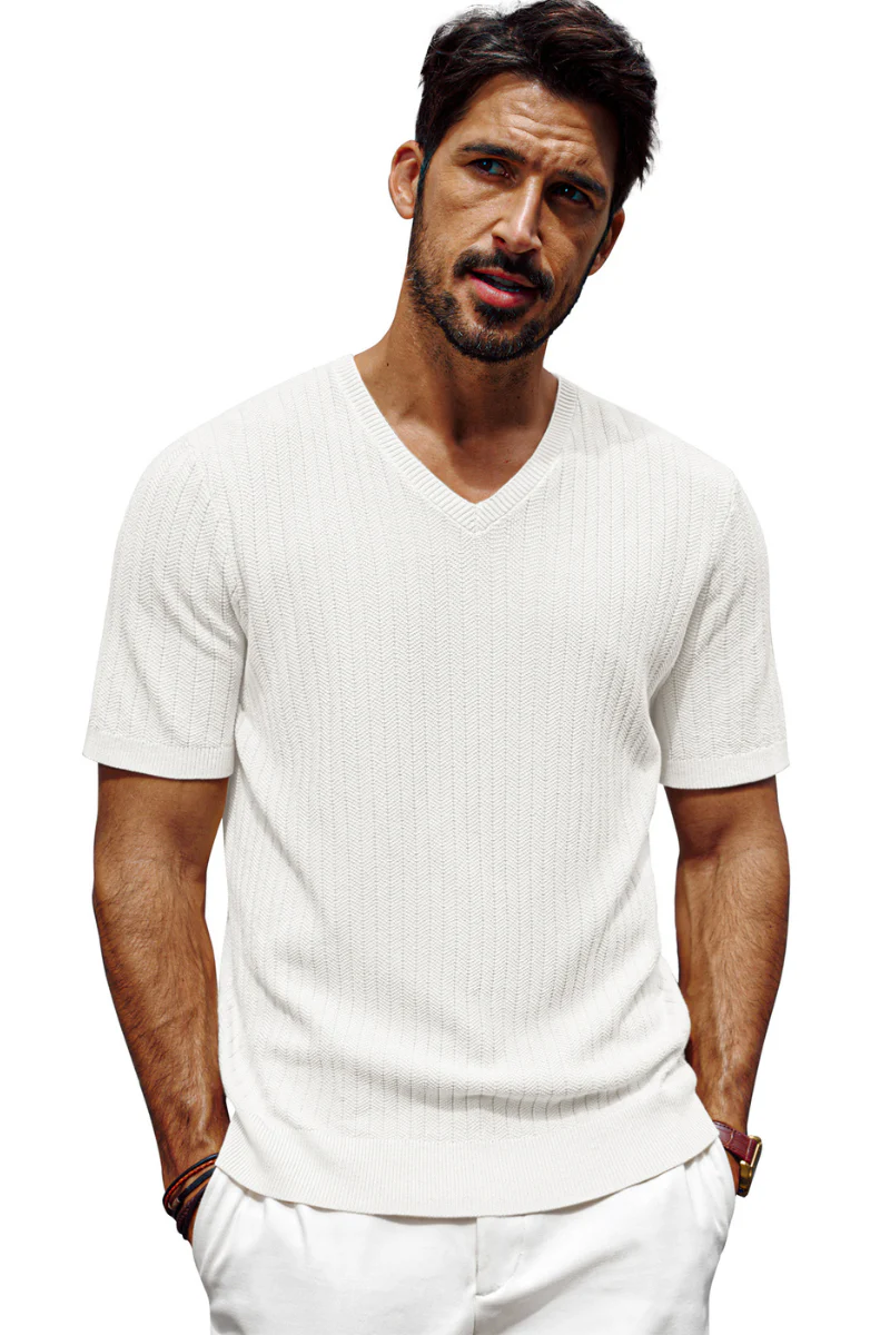 Men Textured Knitted T-Shirt Short Sleeve V-Neck Knitwear Sweater Tops - Image 3
