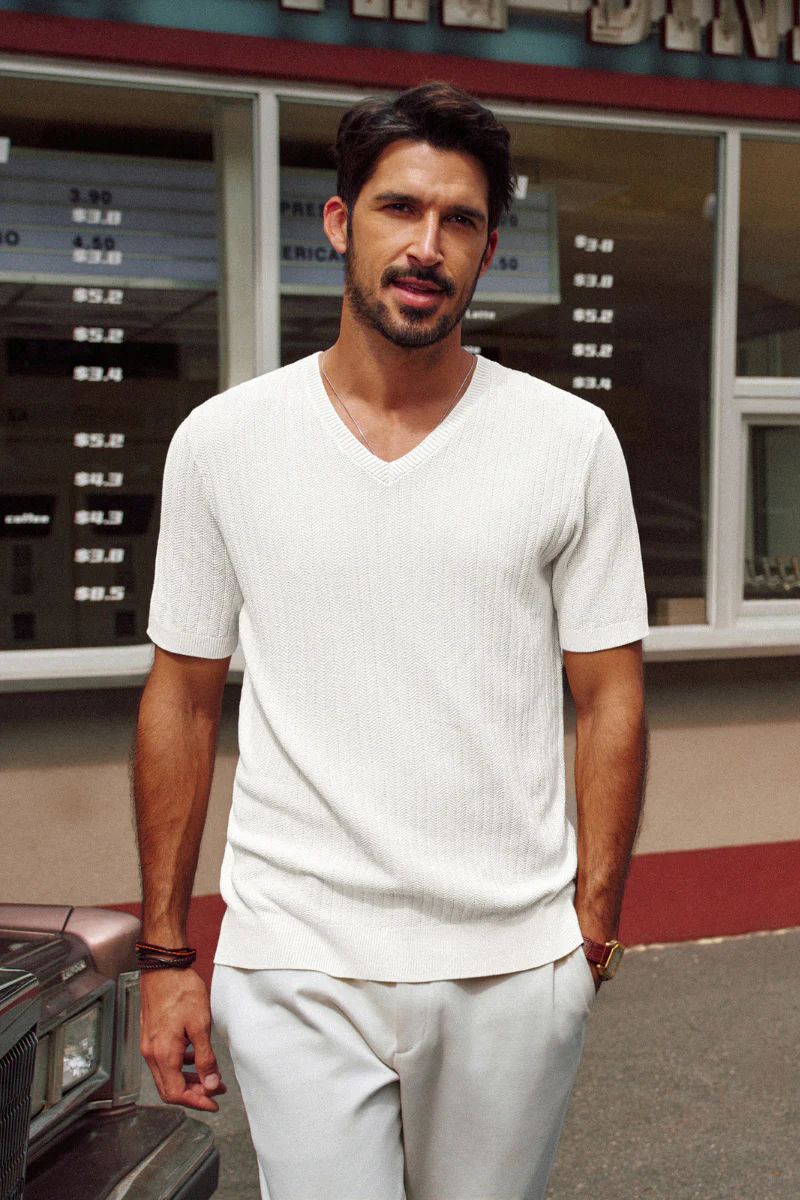 Men Textured Knitted T-Shirt Short Sleeve V-Neck Knitwear Sweater Tops - Image 4