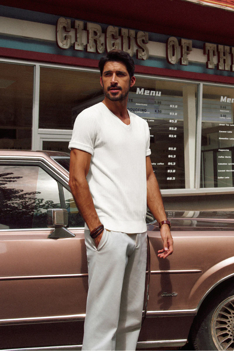 Men Textured Knitted T-Shirt Short Sleeve V-Neck Knitwear Sweater Tops - Image 5
