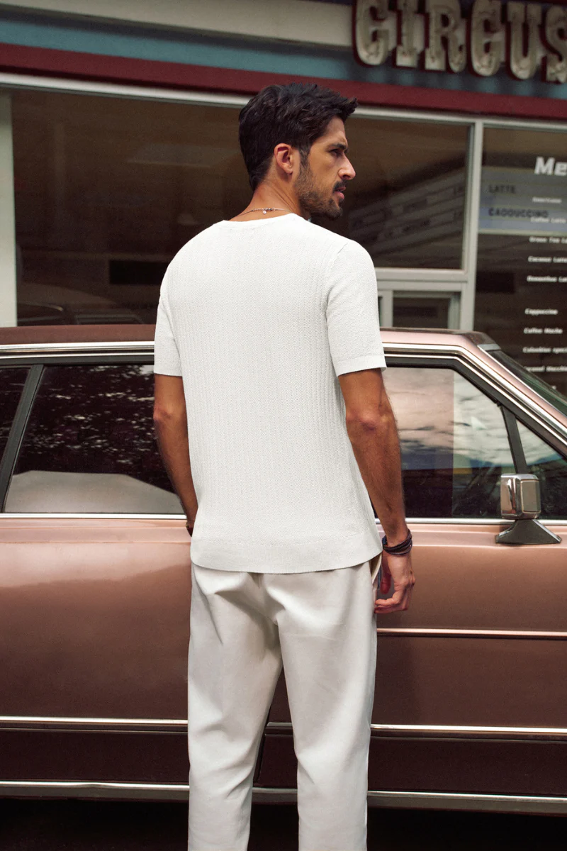 Men Textured Knitted T-Shirt Short Sleeve V-Neck Knitwear Sweater Tops - Image 7