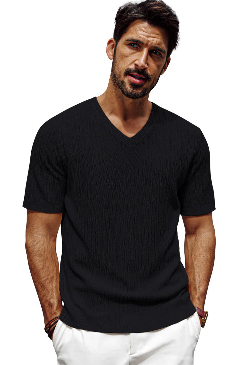 Men Textured Knitted T-Shirt Short Sleeve V-Neck Knitwear Sweater Tops - Image 8
