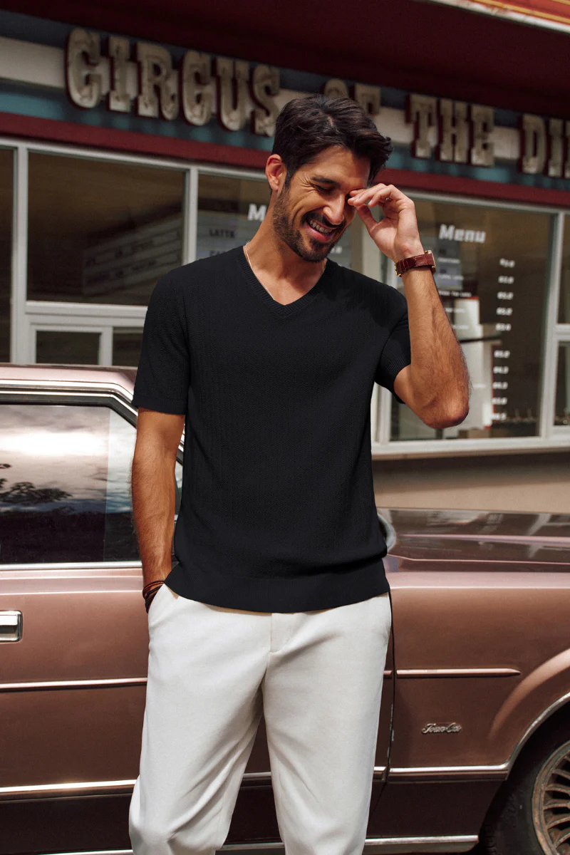 Men Textured Knitted T-Shirt Short Sleeve V-Neck Knitwear Sweater Tops - Image 9