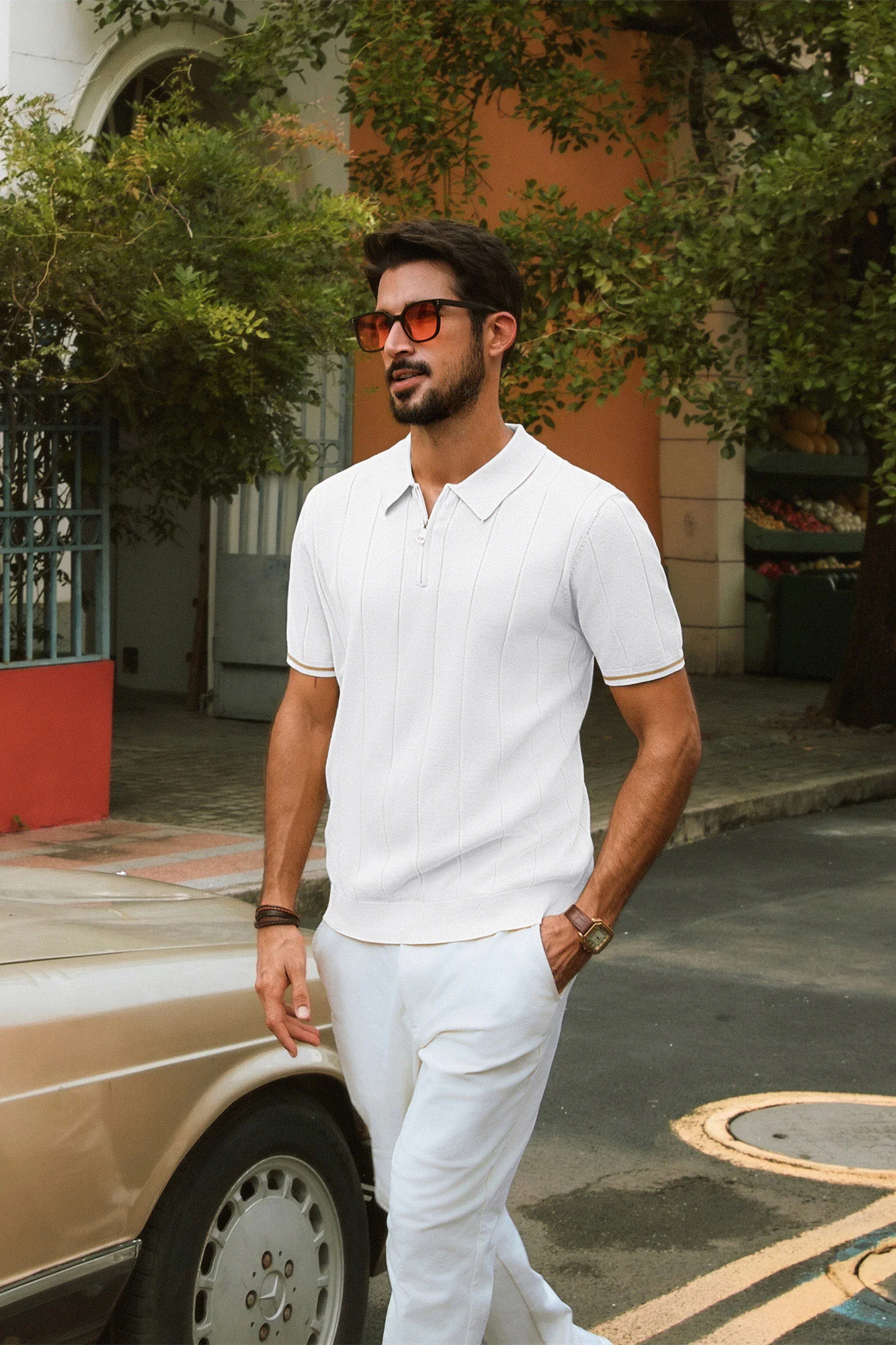 Men Textured Knitwear Short Sleeve Lapel Collar Zip-up Neck Knitted Tops - Image 13